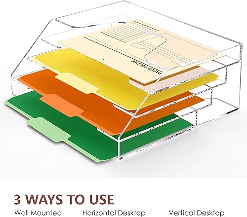 Miniatura 5 de DINGHUO Soporte para archivos de pared de escritorio, organizador de archivos de acrílico de 4 niveles para colgar en la oficina, estante para