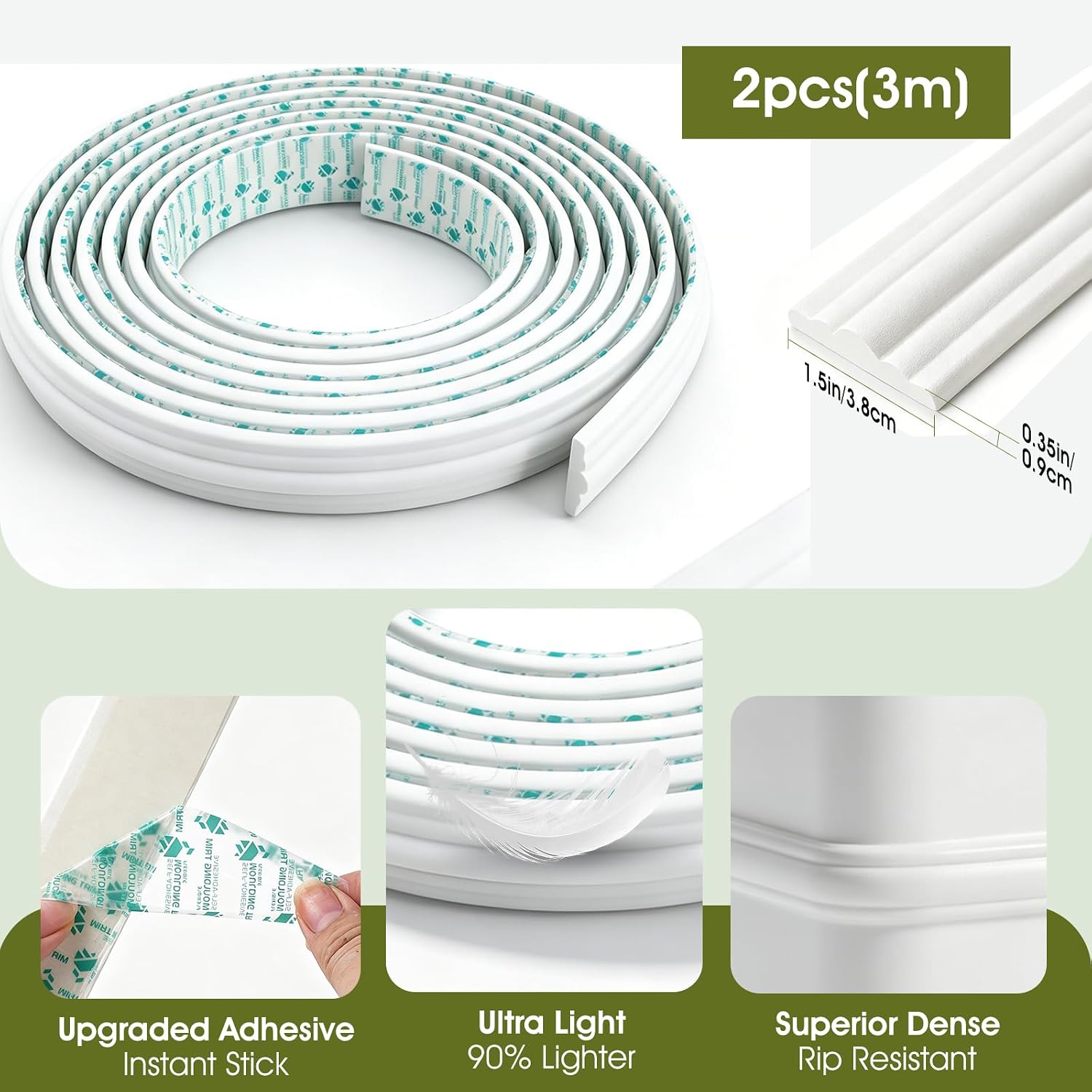 2 Rolls 20ft Peel and Stick Trim Molding 1.5" x 118" Flexible Self Adhesive Wall Molding White Waterproof PVC Chair Rail Panel Trim for Bathroom Kitchen Countertop Sink Edge Floor