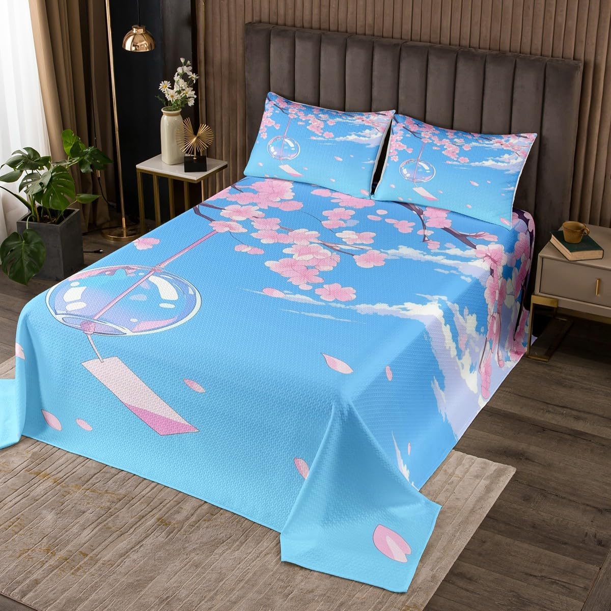 Erosebridal Purple Cherry Blossom Bedspread Set Queen,Violet Japanese Style Coverlet Sets,Ocean Waves Moon Bedding Set,Marine Coastal Nautical Theme Room Decor with 2 Pillow Cases