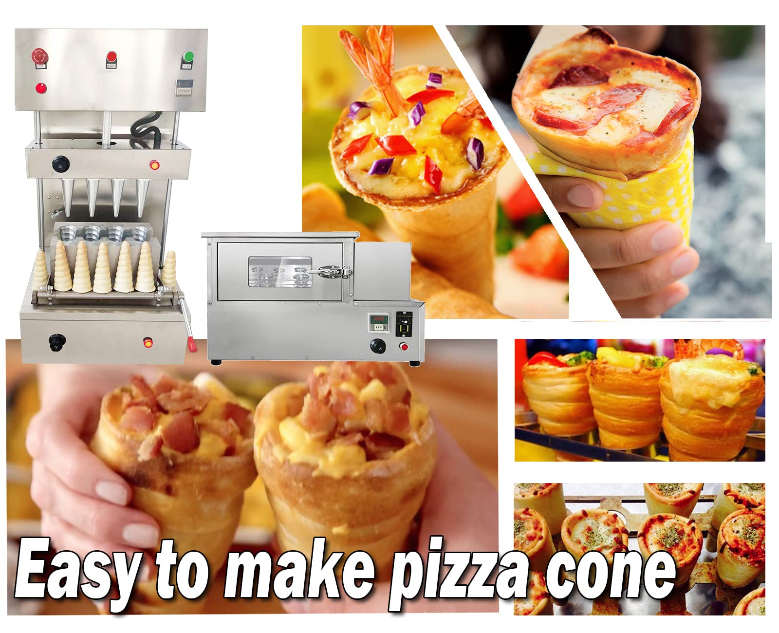 TXMACHINE® Pizza cone machine 4 cone maker with pizza oven,display warmer,pizza cone making machine,4 shapes (4 spiral maker+oven, 110V/60HZ)