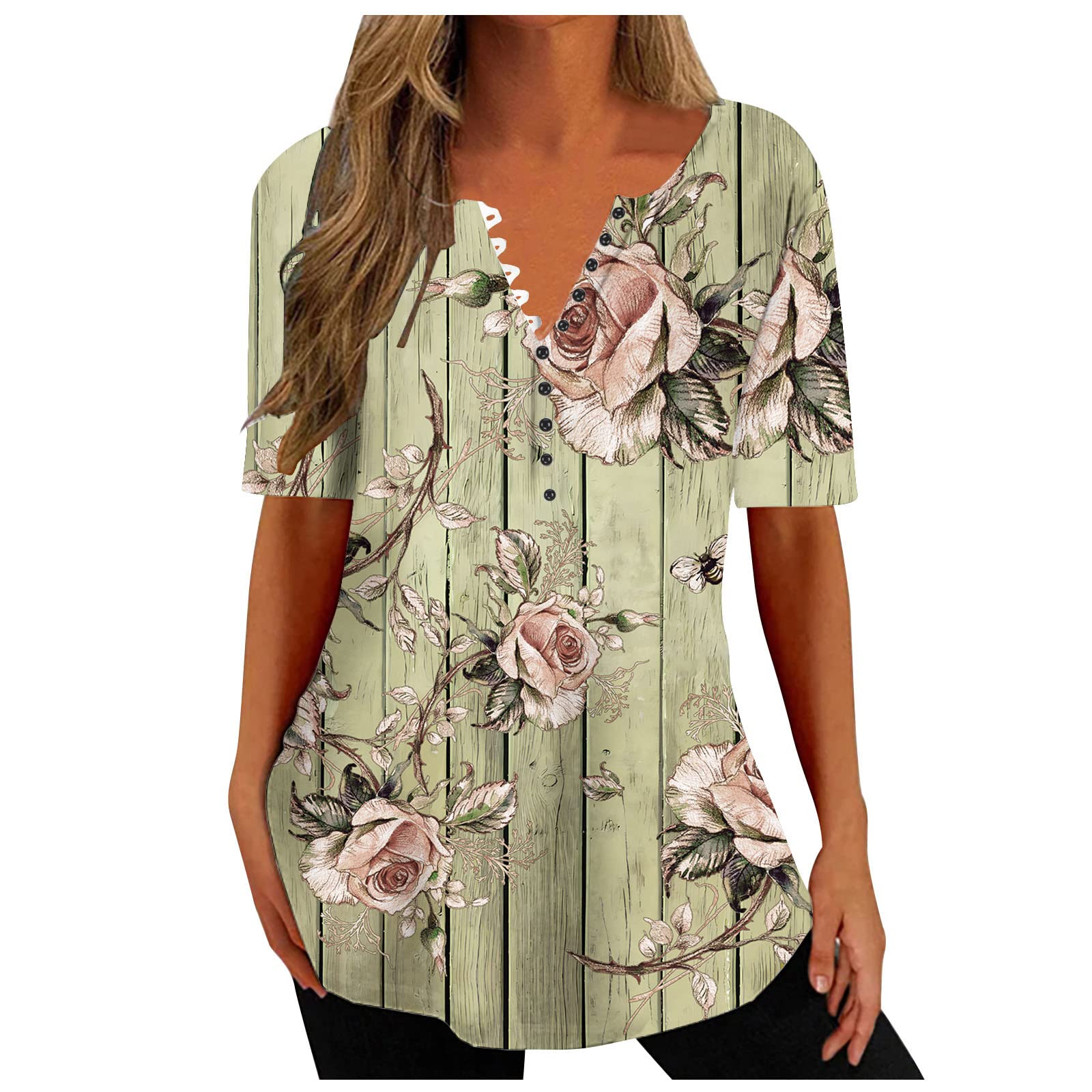 Ceboyel Women Floral Print Henley Shirts Button Down V Neck Sexy Causal Tops Short Sleeve Tunic Blouses Dressy Ladies Outfits