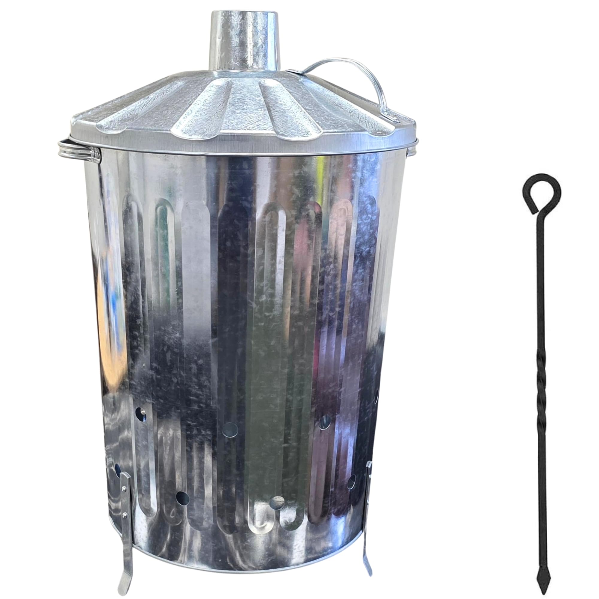 Uk Easy Shopping Silver 90L 90 Litre Galvanised Incinerator Fire Bin Ideal For Burning Documents / Leaves / Rubbish + Free Ash Poker