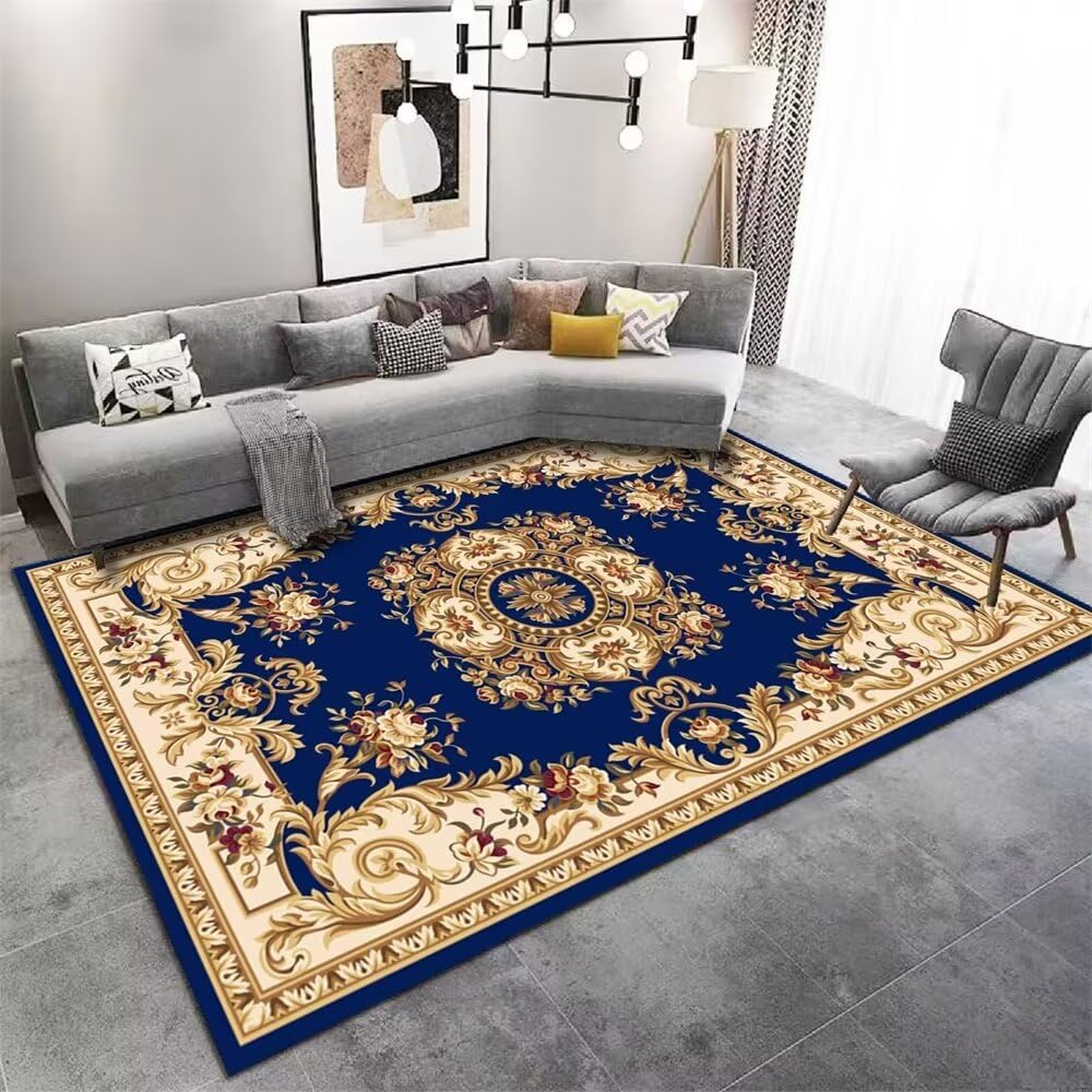Tapis floral vintage bleu 160x250cm doux et lavable pour salon élégant