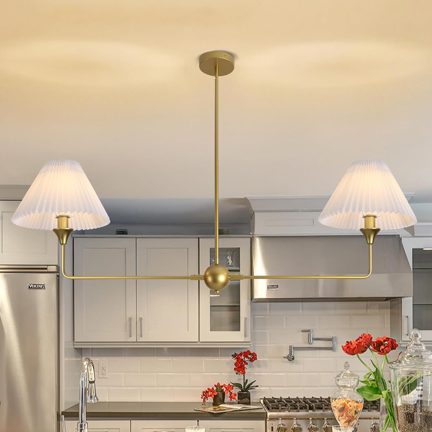 HuisMier Gold Linear Chandelier for Dining Room, 2-Light Modern Linear Kitchen Island Lighting with Off-White Fabric Shade, Farmhouse Pendant Light Fixture for Dining Room Bedroom Living Room