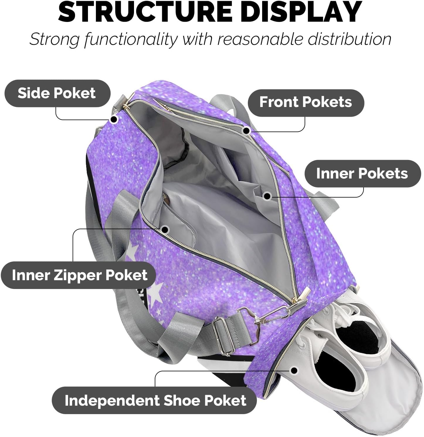 Cheer Cheerleader Personalized Duffel Bag Customized Yoga Sport Bags with Name Travel Duffel Bag Shoulder Bag Bright Purple Weekender Bags with Shoe Compartments