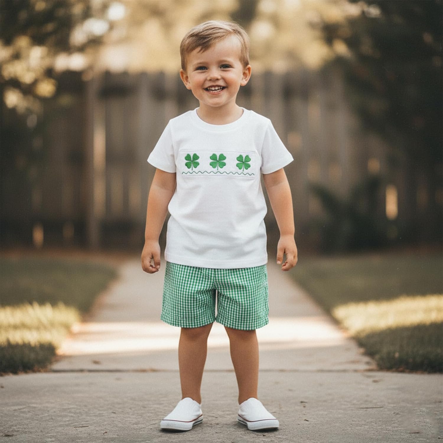 Karuedoo Toddler Baby Boy St Patricks Day Outfit Clover Embroidery Smocked Short Sleeve T-Shirt Top and Plaid Shorts Set - Image 2