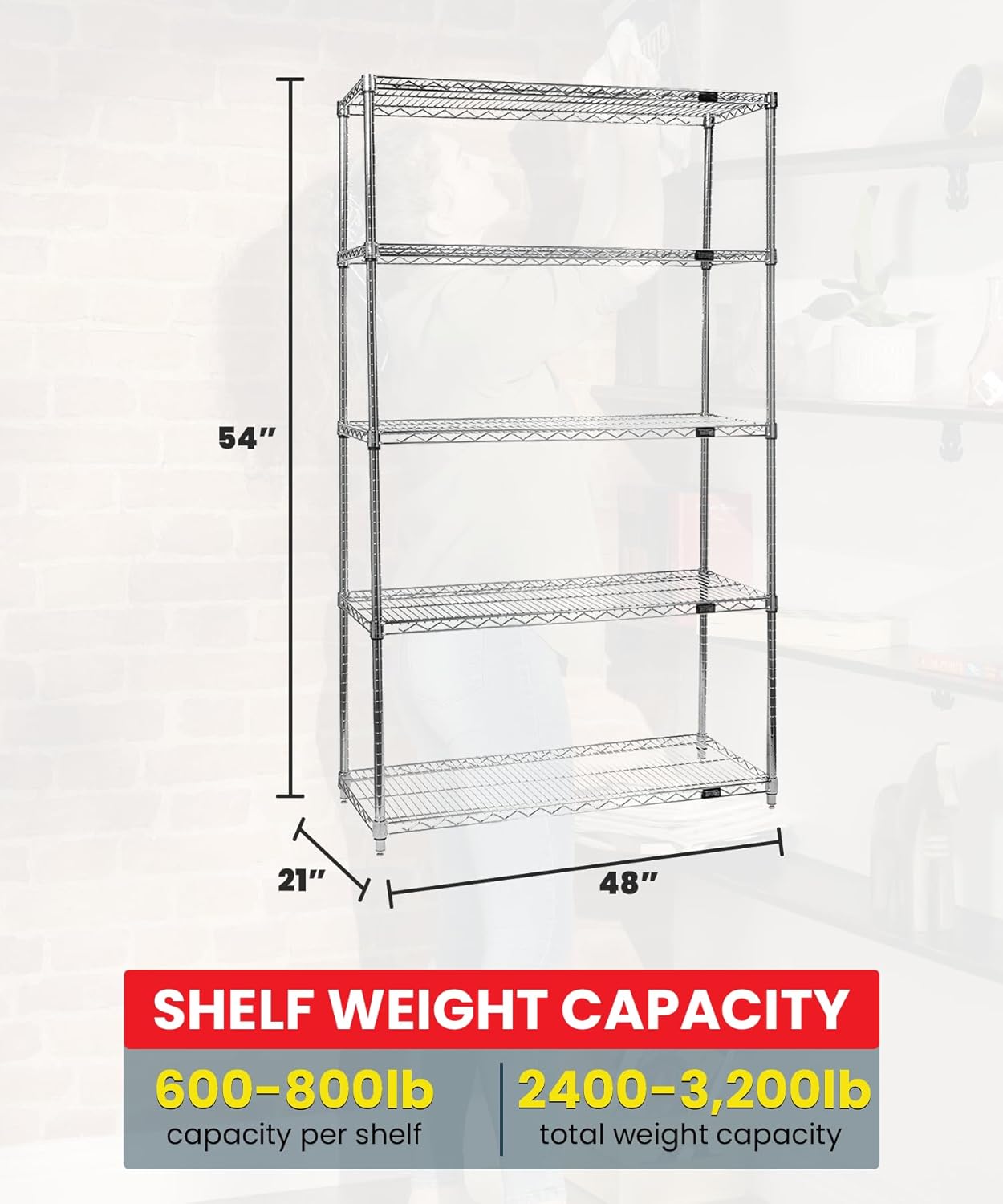 Quantum WR54-2148C-5 Wire Shelving Starter Kit with (5) Shelves and (4) Post for Industrial Warehouse Storage Distribution | 600-800 lbs Capacity | 48"W x 21"D x 54"H, Chrome Finish, Carbon Steel, NSF
