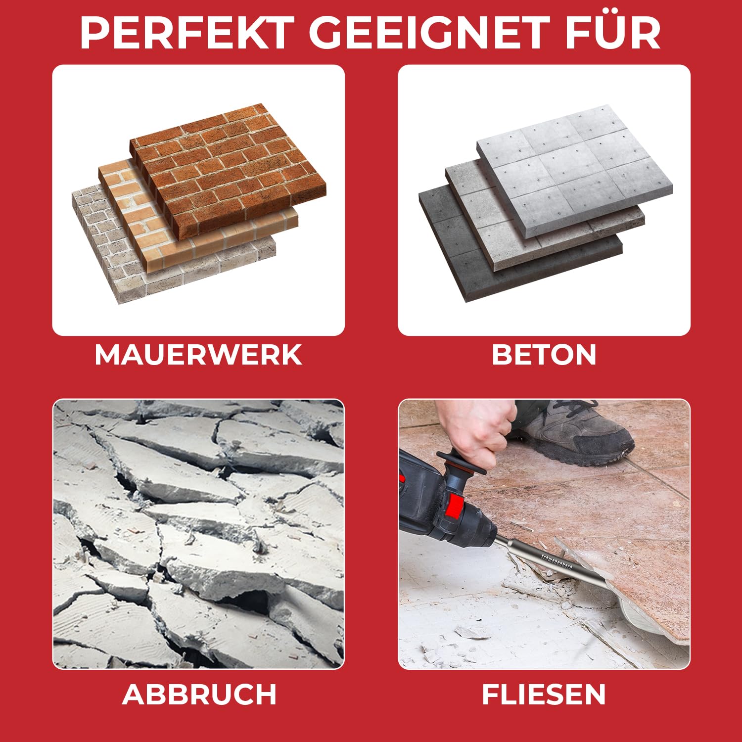 SCHWABENBACH® SDS Plus Lot de 3 burins 250 mm – Ciseau à carrelage 40 mm tête extra longue, burin plat 25 mm, burin pointu – SDS Burin pour marteau perforateur