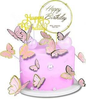 60Pcs Butterfly Cupcake Topper Pink Gold, Lively 3D Butterflies with 2Pcs Happy Birthday Topper for Cake Decor Birthday Anniversary Kids Wedding Girl Women Party Wall Food Decorations,Mixed Size