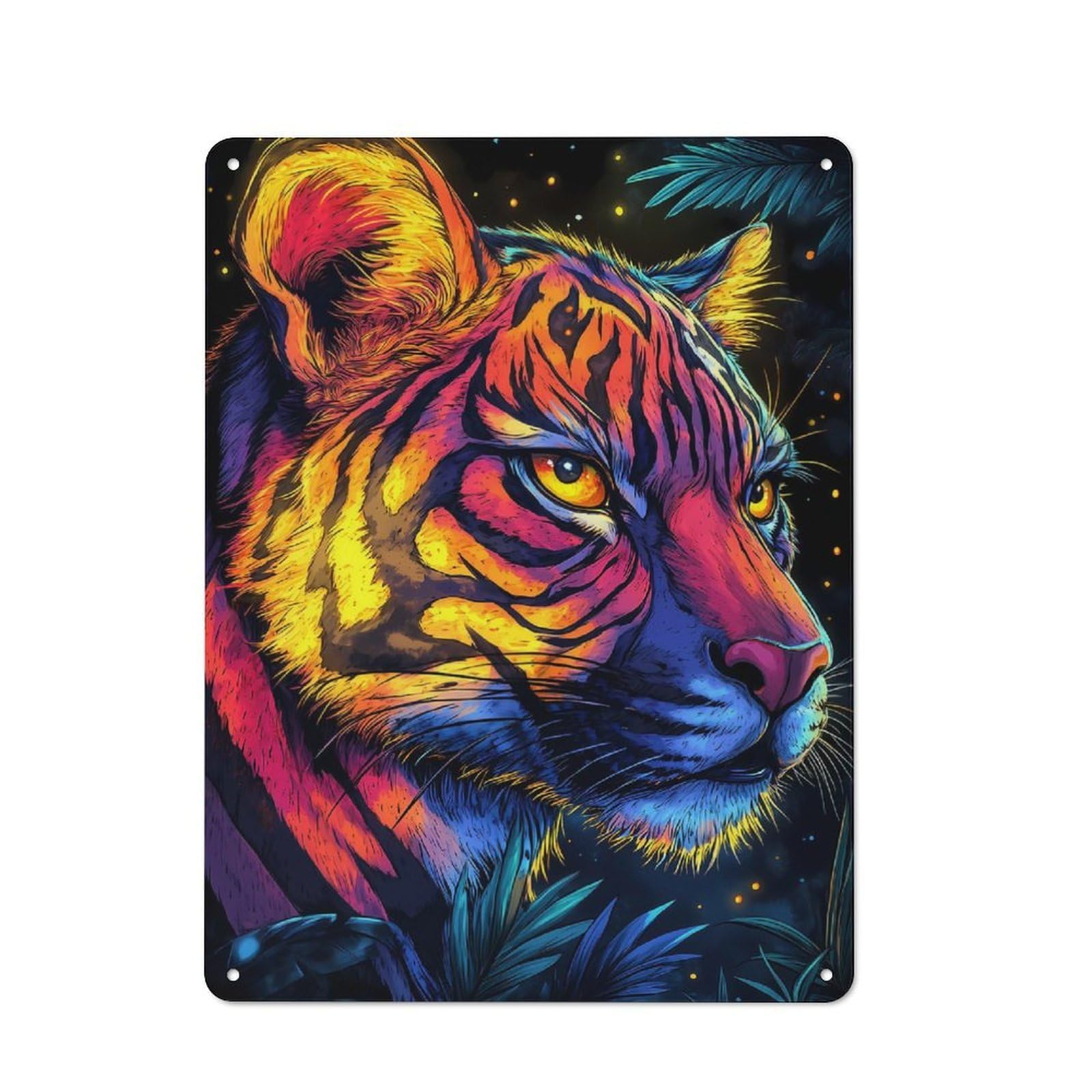 Junmoney Colorful Tiger Portrait In Jungle Setting Tin Sign 40X30cm With For Home Bar Wall, Vintage Decor, Wall Decoration For A Recently Updated Home Bar