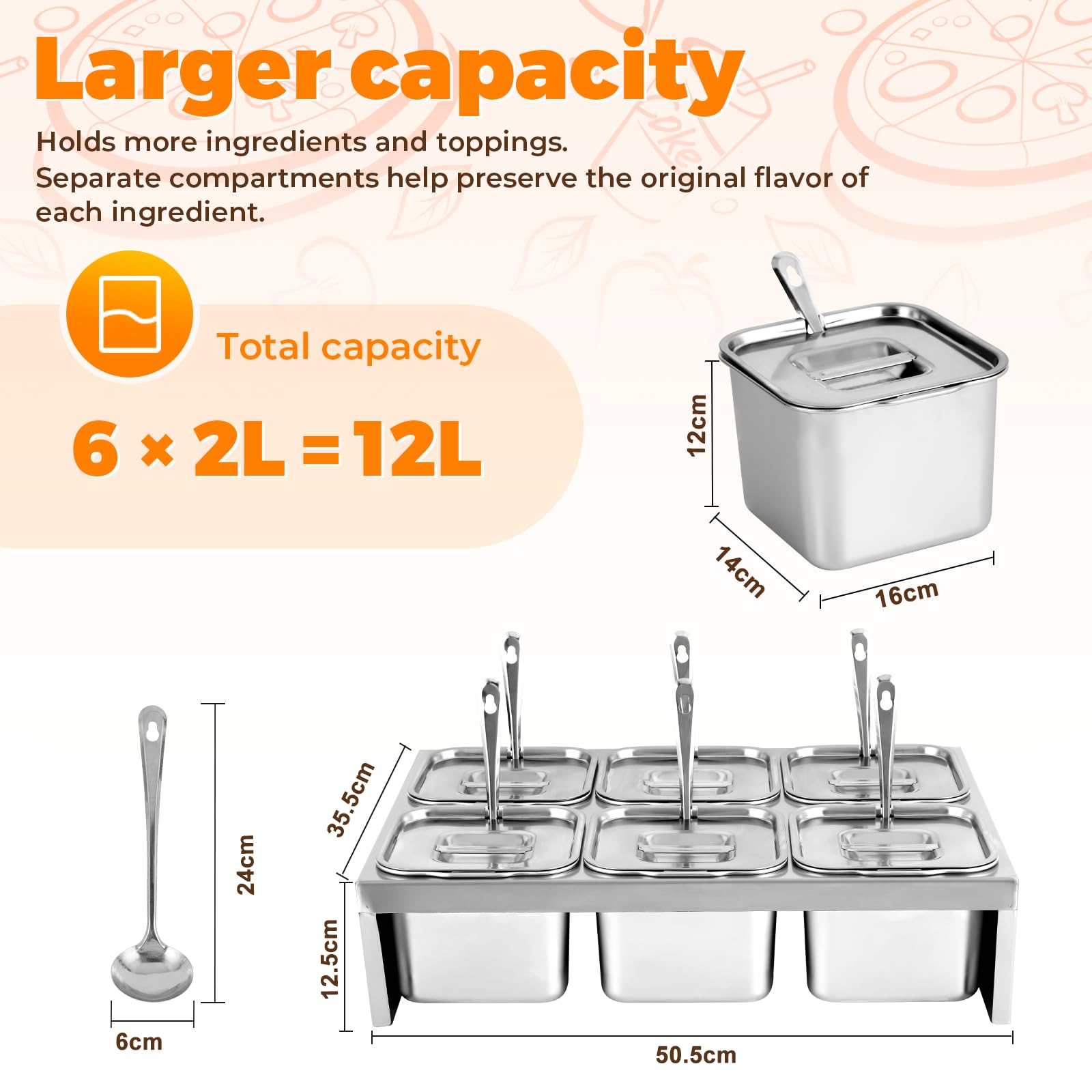 YJINGRUI Recipiente para ingredientes para pizza, 6 x 2 l, acero inoxidable, estación para pizza con asas y tapas para preparar salsas, especias, verduras, frutas, etc