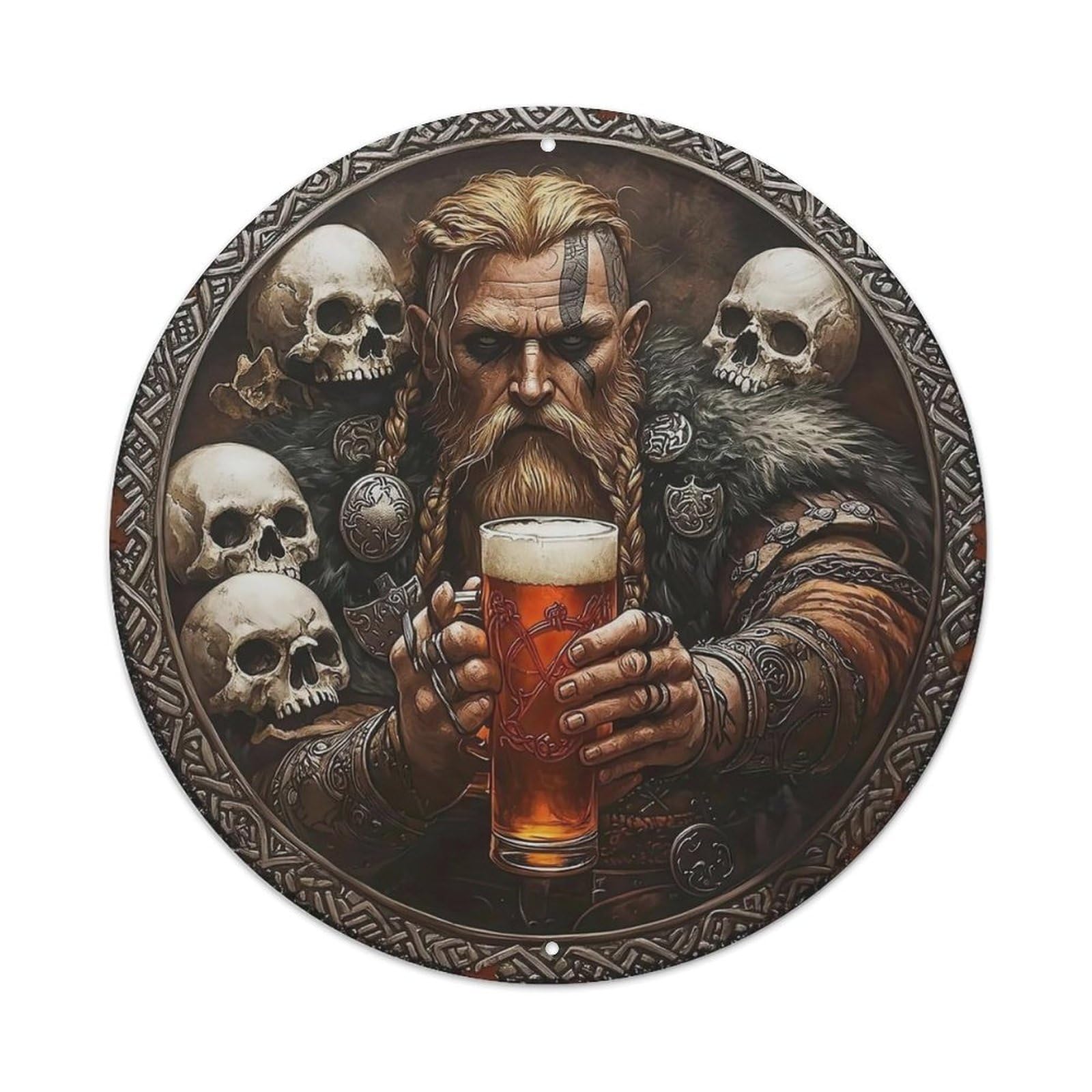 Viking Warrior With Beer And Skulls Metal Tin Sign