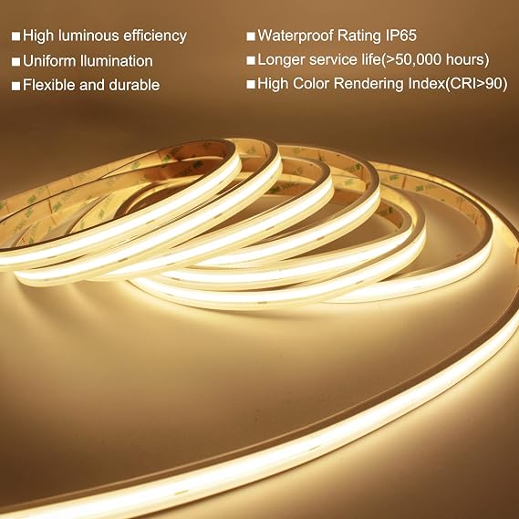 Pandery COB LED Strip Lights,2700K Warm White,24V led Light Strips Waterproof,480LEDs/M,16.4ft/5M,CRI90+ Outdoor cob led,Ip67 Sauna Lights for Sauna Room,Pool,Garden,(Power Not Included)