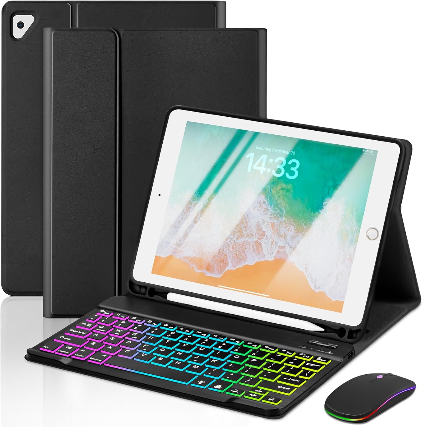 Case with Keyboard and Mouse for iPad 6th/5th Generation Air 1 2 Pro 9.7inch,7 Color Rainbow Backlight Detachable USB-C Keyboard Magnetic Case with Pen Slot for iPad 2018 2017 Black+Mouse