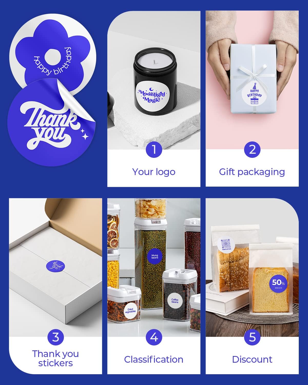 MUNBYN 2 Inch Color Printing Thermal Label Stickers, Multi-Purpose Blue Thermal Stickers for Small Business, 750 Sheets/1 Roll - Image 6