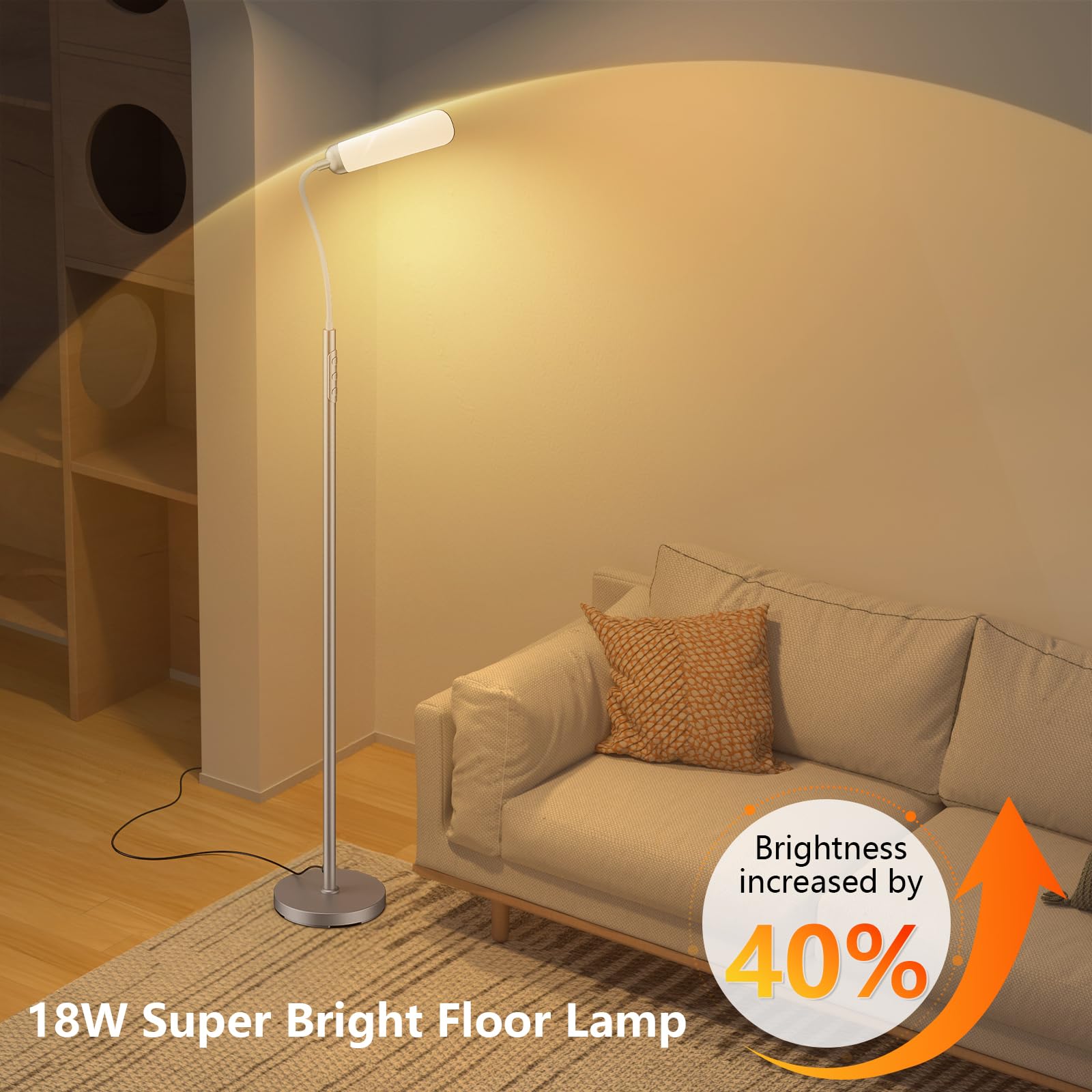 Lampada da Terra LED 18W 1200LM con Telecomando - 4 Tonalità di Colore & 4 Livelli Luminosità Regolabile - Piantana da Lettura per Soggiorno, Camera da Letto, Ufficio