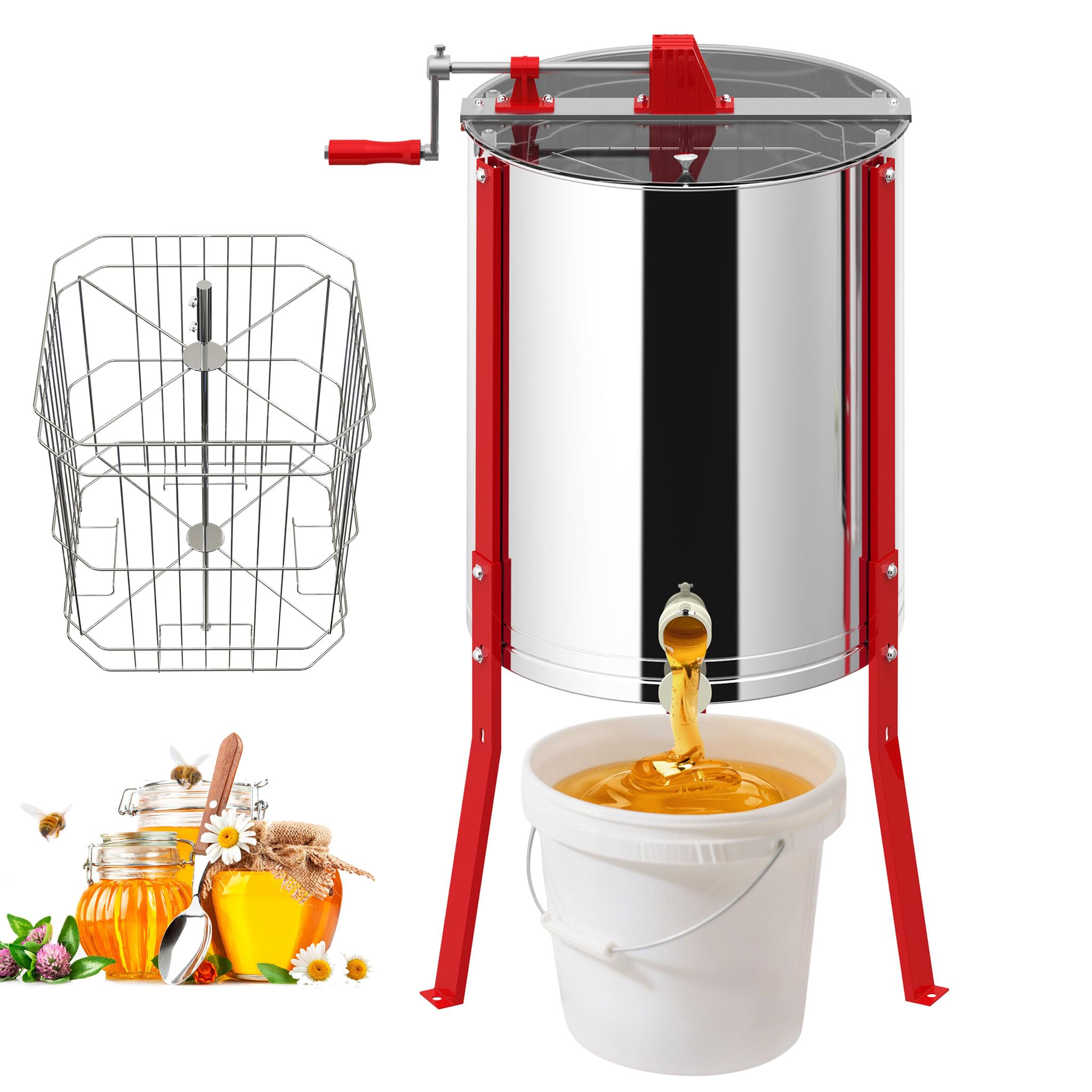 YRHome Premium Honigschleuder Diagonalschleuder Manuell Tangentialschleuder Edelstahl für 4 Rähmchen Honigextractor mit Deckel 10 cm Höhenverstellung mkerei Bienenzüchter Zubehör