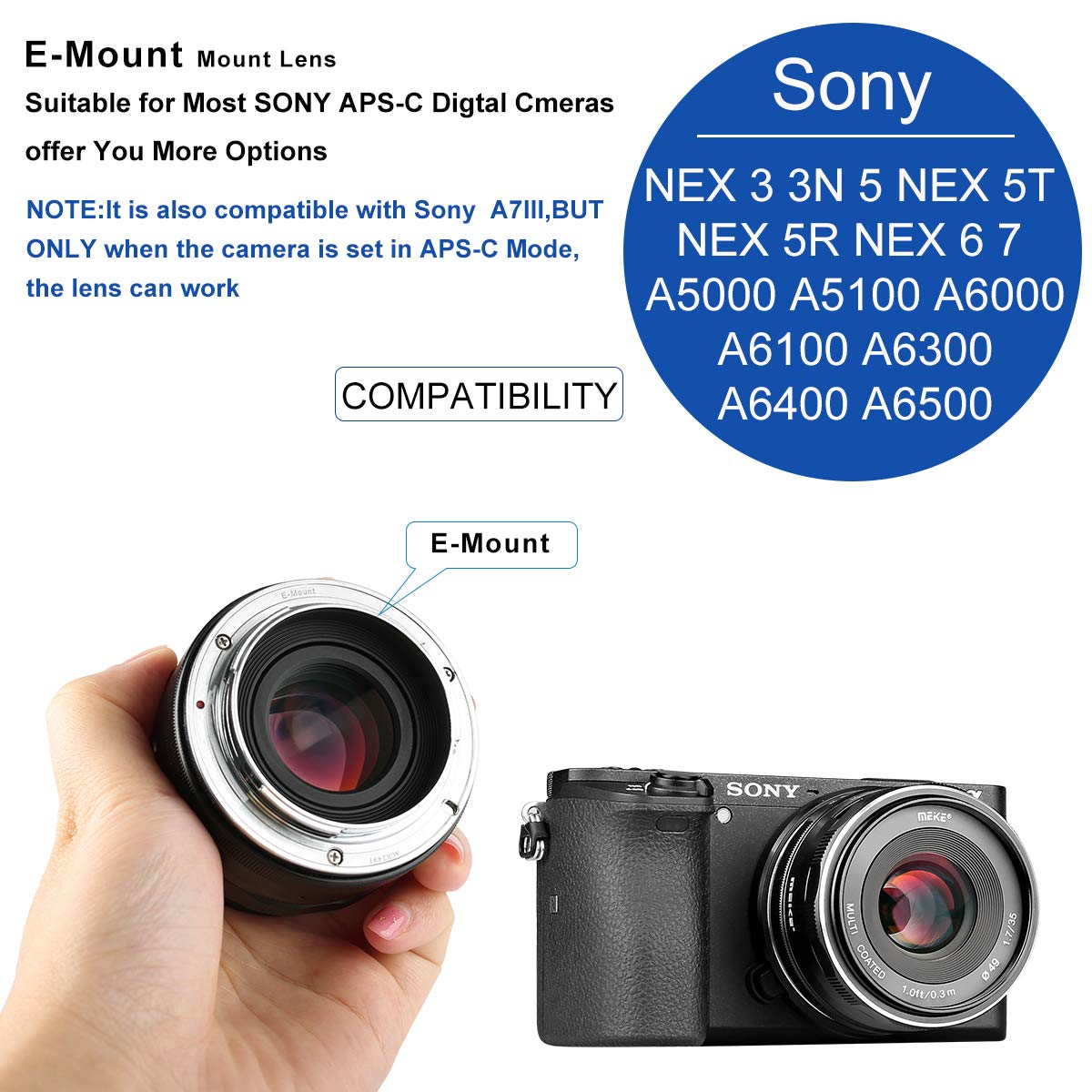 Meike 35mm F1.7 Large Aperture Manual Prime Fixed Lens APS-C for Sony E-Mount Digital Mirrorless Cameras A7III A9 NEX 3 3N 5 NEX 5T NEX 5R NEX 6 7 A6400 A5000 A5100 A6000 A6100 A6300 A6500