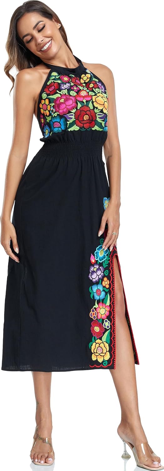 YZXDORWJ Women's Mexican Floral Embroidered Halter Neck Split Sleeveless Ruffle Party Long Dresses