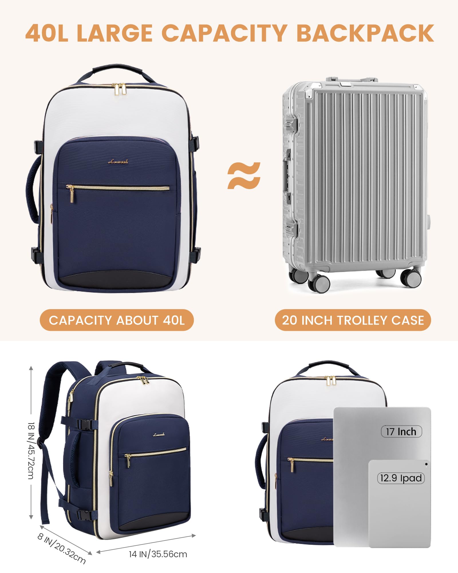 LOVEVOOK Handgepacke Rucksack für Flugreise - 40L, 17 Zoll Laptop, Wasserdicht - Dettaglio