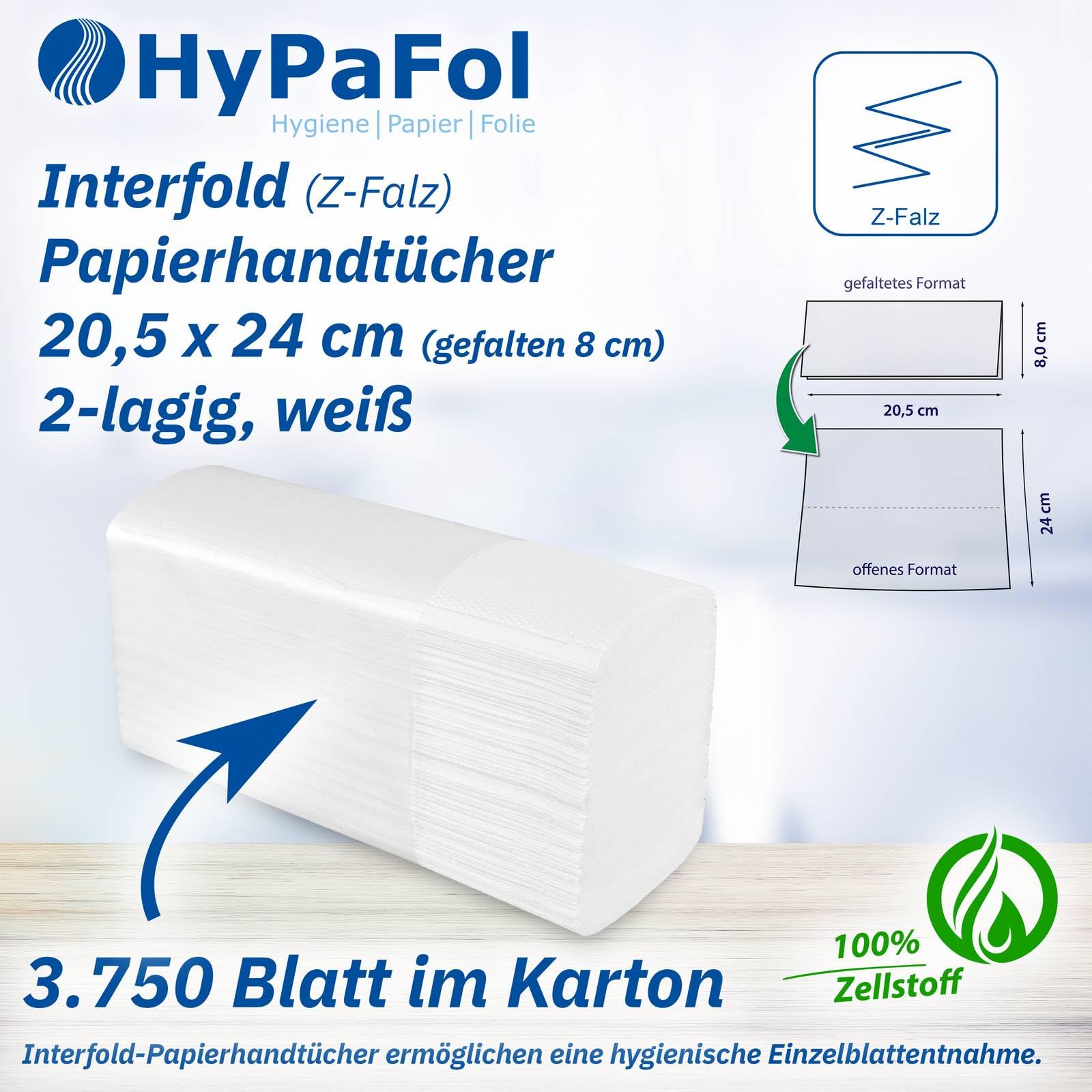 Hypafol Interfold Papierhandtücher 3750 Blatt 20,5 x 24 cm, auf 8 cm gefaltet I 2-lagige Papiertücher für Spender in Toiletten, Büros & Praxen I Weißes Handtuchpapier aus geprägtem Zellstoff