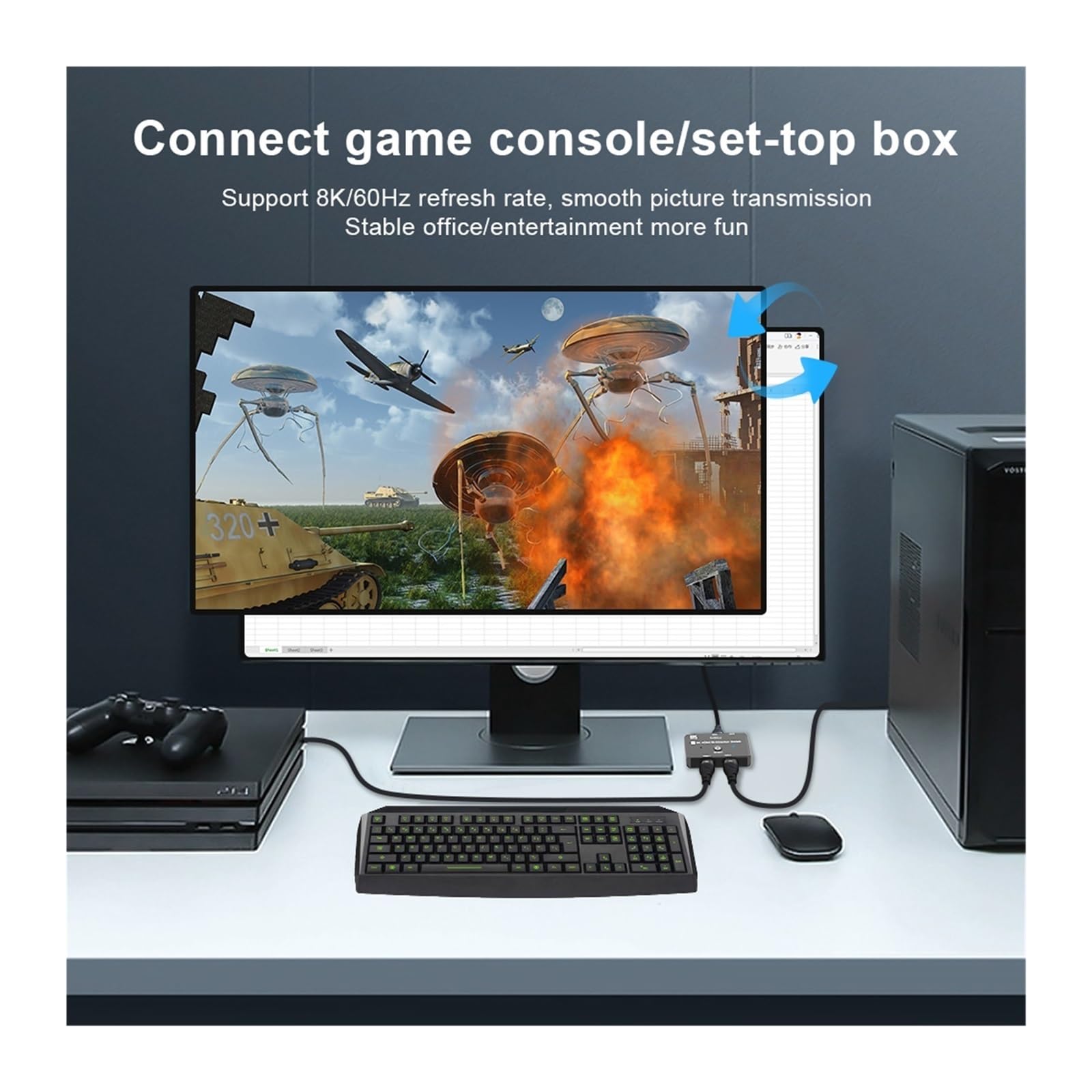Interruttore video, Switch bidirezionale 8K HD 2.1 compatibile con HDMI 8K@60Hz 4K@120Hz 1in Out 2in Splitter ad alta velocità 48Gbps per uffici domestici, data center(Black)