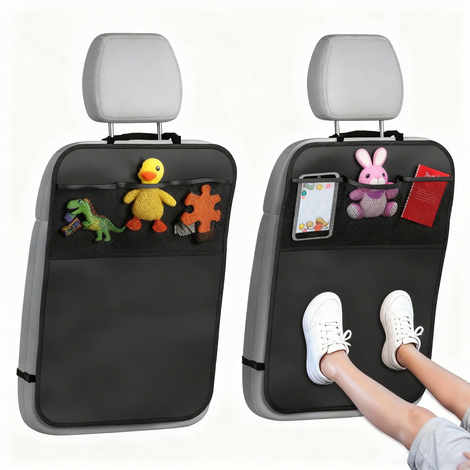 2 Pack Car Seat Back Protectors, Black Car Seat Kick Mats with 3 Storage Mesh Bags and Adjustable Strap for Kids, Waterproof & Stain Resistant Seat Protector Car Backrest Universal Car Protectors