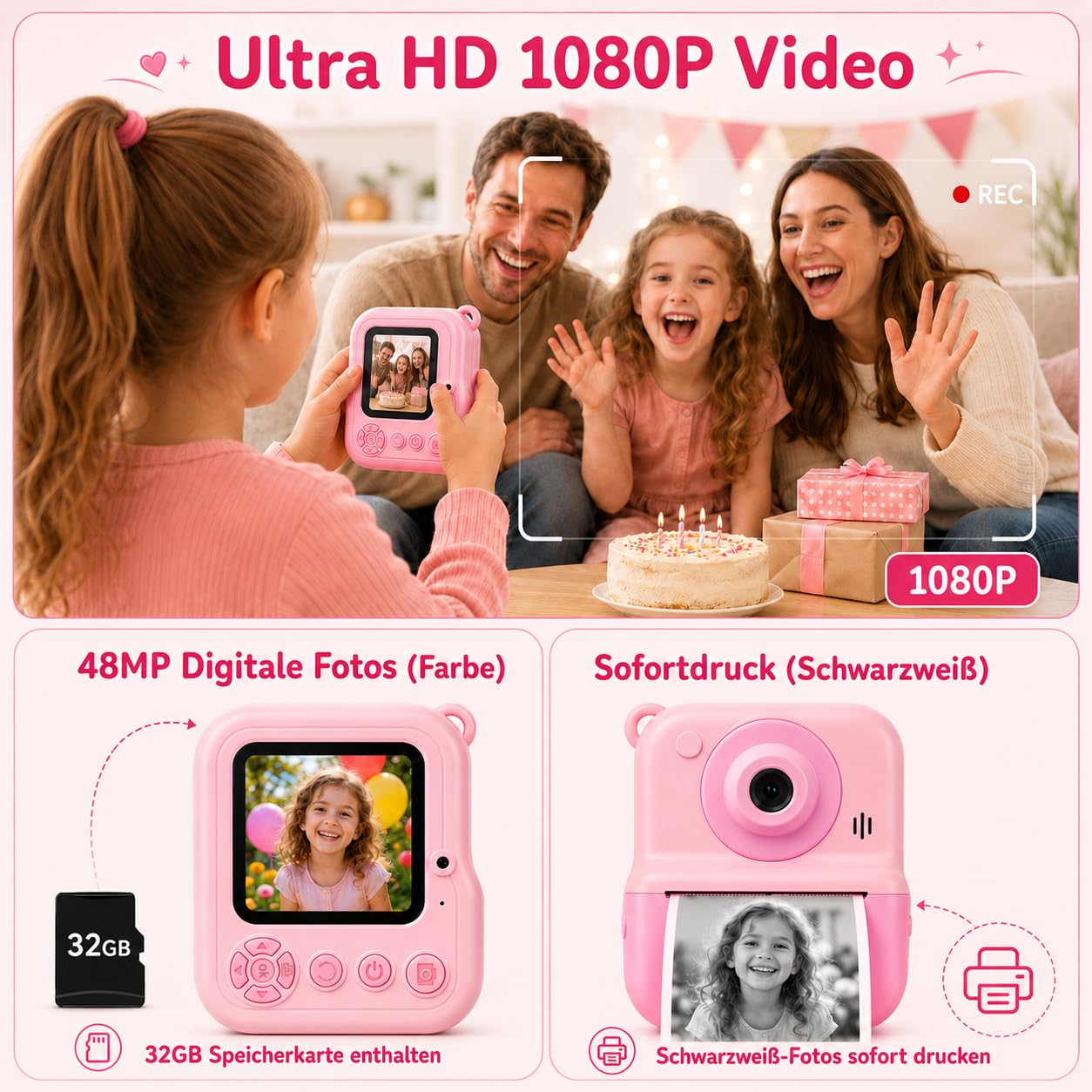 Kinderkamera mit Sofortdruck – 2.4 Zoll Sofortbildkamera Kinder, HD 1080P, inkl. 32GB Karte & Druckpapier, kinderkamera sofortbildkamera, Geschenk für Mädchen & Jungen, Rosa (3-12 Jahre)