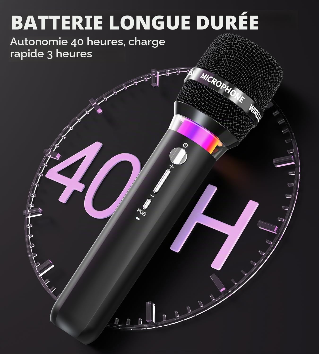 ECHOMUSSY Micro sans Fil, Double Microphone Rechargeable avec Connexion par Puce Individuelle et Voyants LED, Autonomie de 40h, Portée de Réception de 60m, Micro Karaoke pour Le Chant.