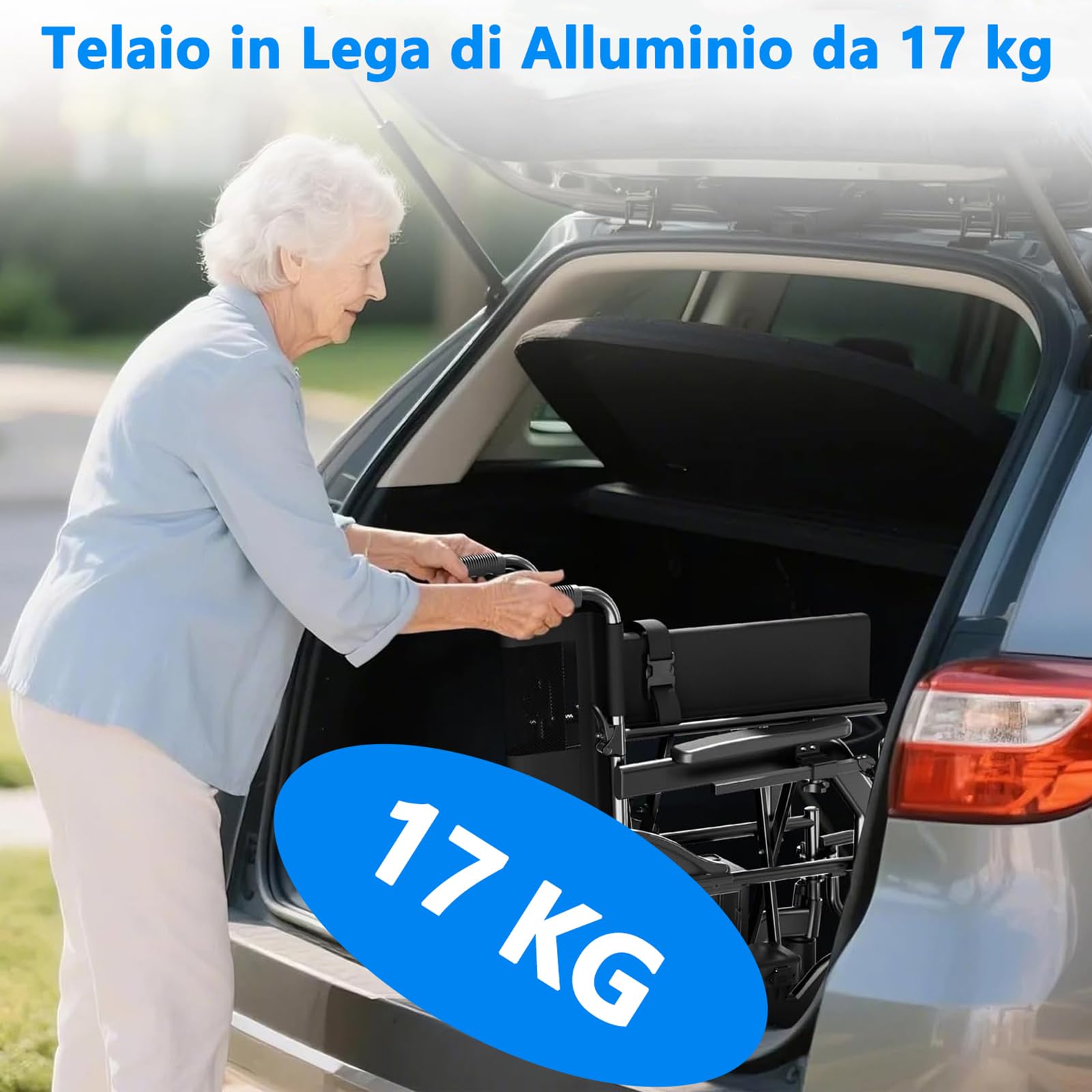 AMITD Carrozzina Elettrica Pieghevole Leggera Tutti Terreni Fino a 150 kg, Autonomia 20 km, Batteria Rimovibile, Telaio in Alluminio 19 kg, Sedile 48 cm, Sedia a Rotelle per Disabili, Adult, Anziani