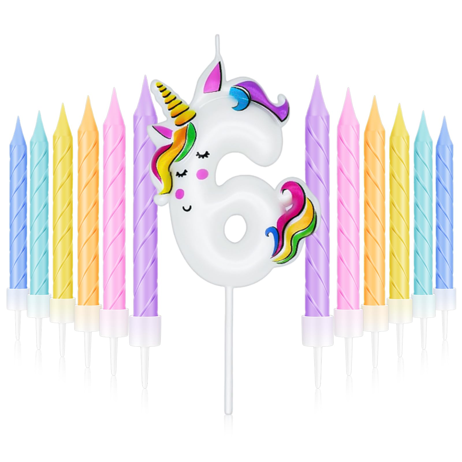Threlaco Unicorn Birthday Girl Number Candle Macaron Unicorn Cake Topper Horses Decoration with 12 Pcs Rainbow Spiral Birthday Candles with Holders for Baby Boy Birthday Theme Party(Number 6)