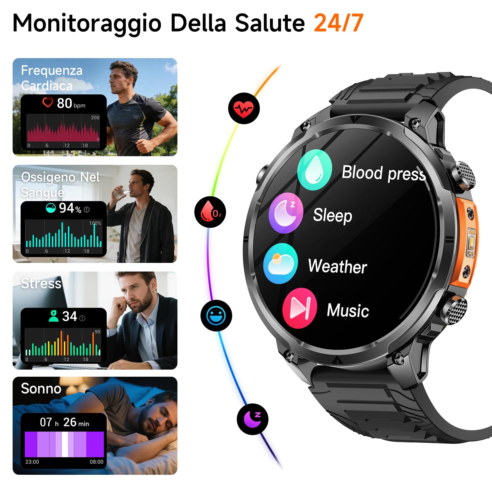 2026 Nuovo GPS Smartwatch, Rugged Orologio Smartwatch Con Chiamate Bluetooth,1.7" Militari Smart Watch Per Frequenza Cardiaca,SpO2,Sonno, Stress,720MAH,Torcia,120+ Modalità Sport Android iOS
