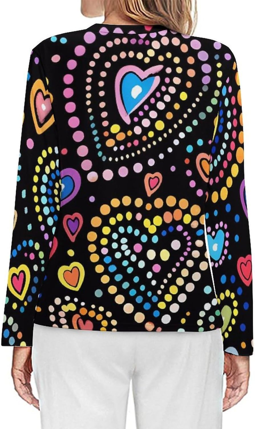 Colorful Hearts Women's Pajama Top Sleepwear Pajamas Sleep T-Shirt Long Sleeve Shirt Crewneck Tee