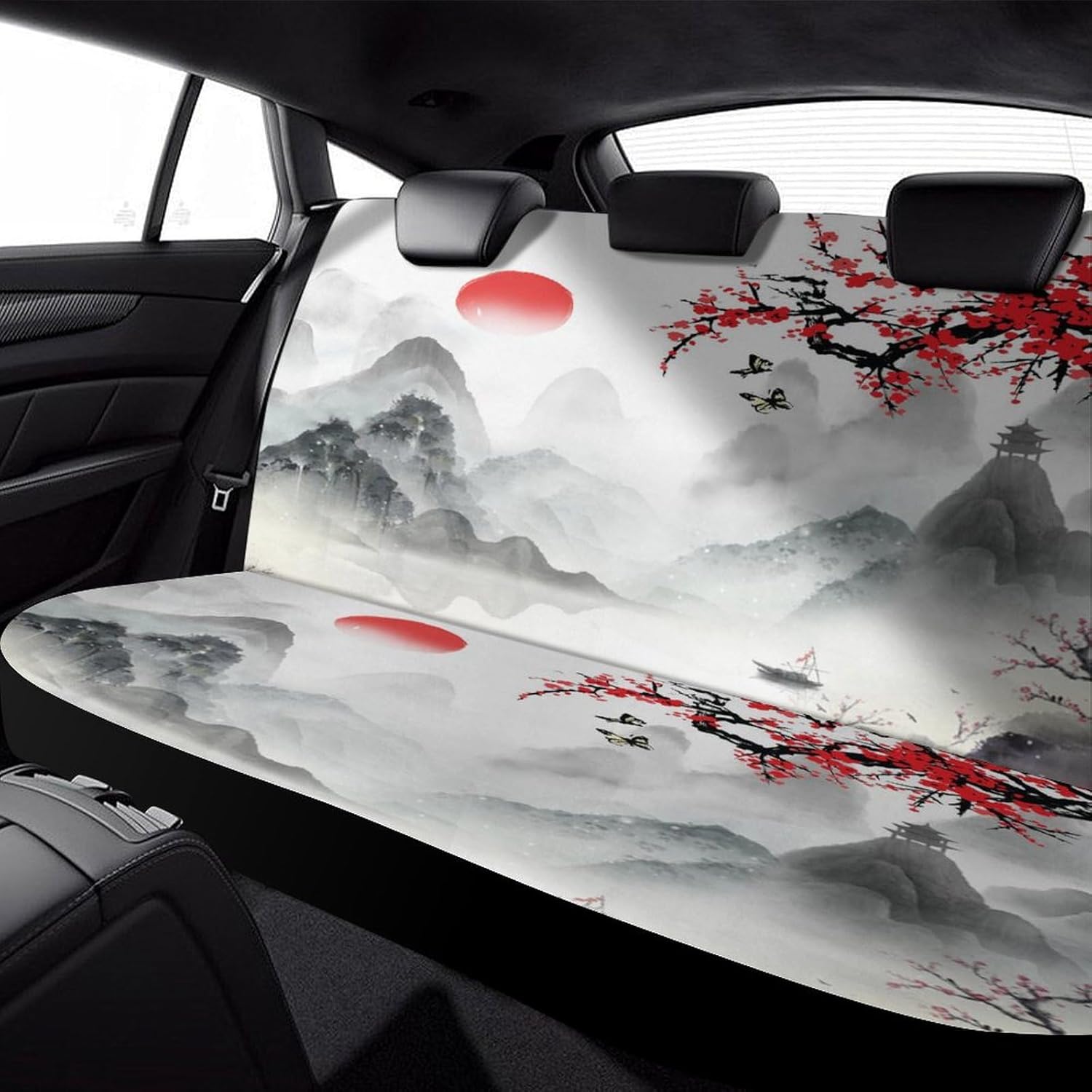 Asian Japanese Waterproof Car Seat Cover for Rear Bench Seat Protection Vintage Cherry Blossom Mountains Red Sun Ink Print Car Rear Seat Covers Breathable Automotive Accessories