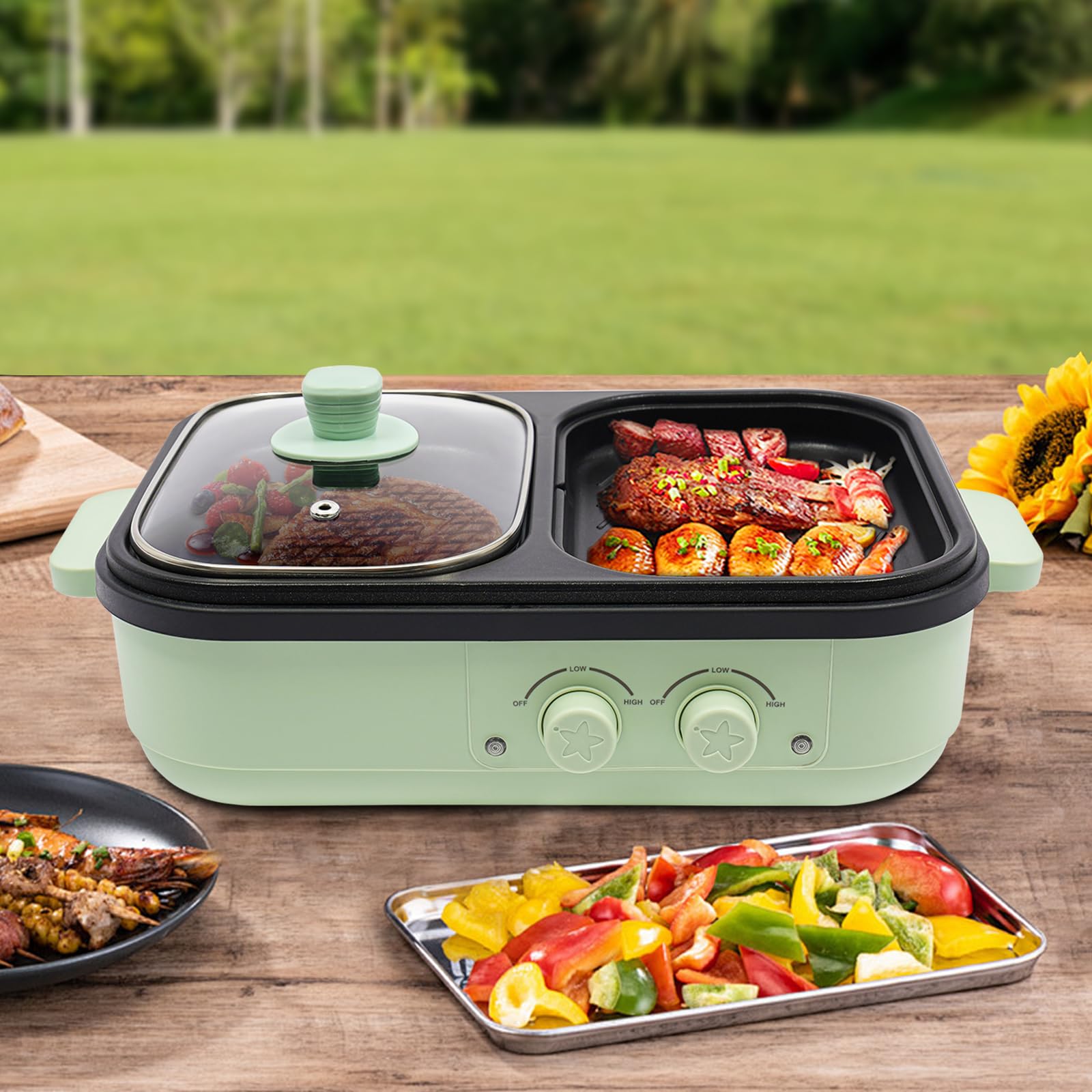 2 in 1 Elektrisch Bratpfanne | 1300W Antihaftbeschichtet Hot Pot und Grillbereich | Mehrzweck Kochtopf Bratpfanne (0.2L) und ein Kochtopf (1L) | Elektrogrill Grillpfanne für 1-3 Personen