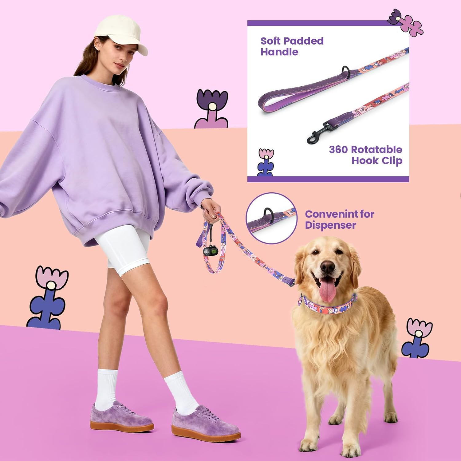 Dog Collar and Leash Set, QR Tag Adjustable Pet Collar, 5 FT Heavy Duty Dog Leash, Padded Handle, Quick Release Buckle, Metal Ring, 360° Swivel Clip for Small Dogs Walking Running (Purple, S)