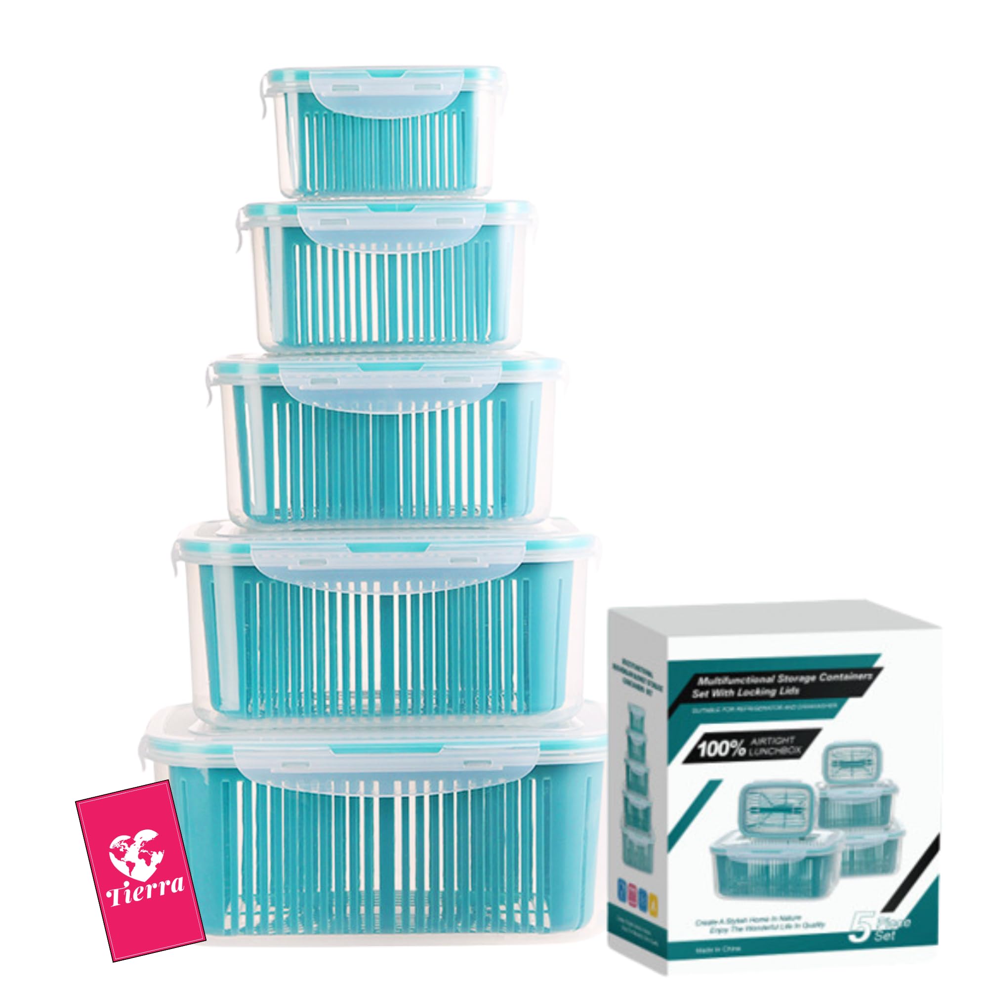 TIERRA Fridge Food Containers [Set of 5], Fridge Organizers and Storage for Fresh Vegetable & Fruits - Food Storage Container for Salad Meal Prep Container Set with Draining Basket (Blue)