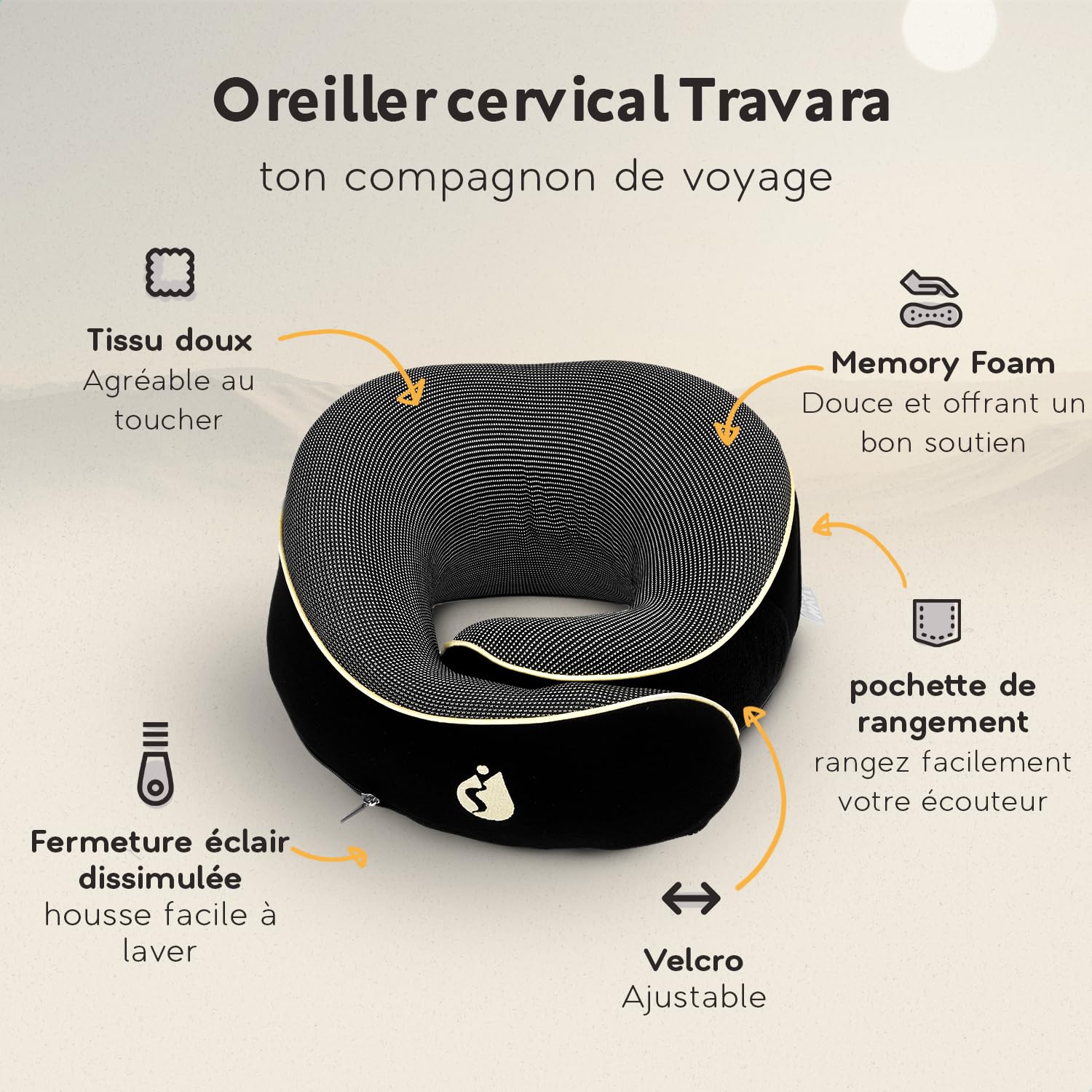 Coussin de Voyage – Oreiller de Voyage Ergonomique en Mousse Mémoire – Coussin Avion Compact et Confortable –Oreiller pour Avion, Train et Voiture