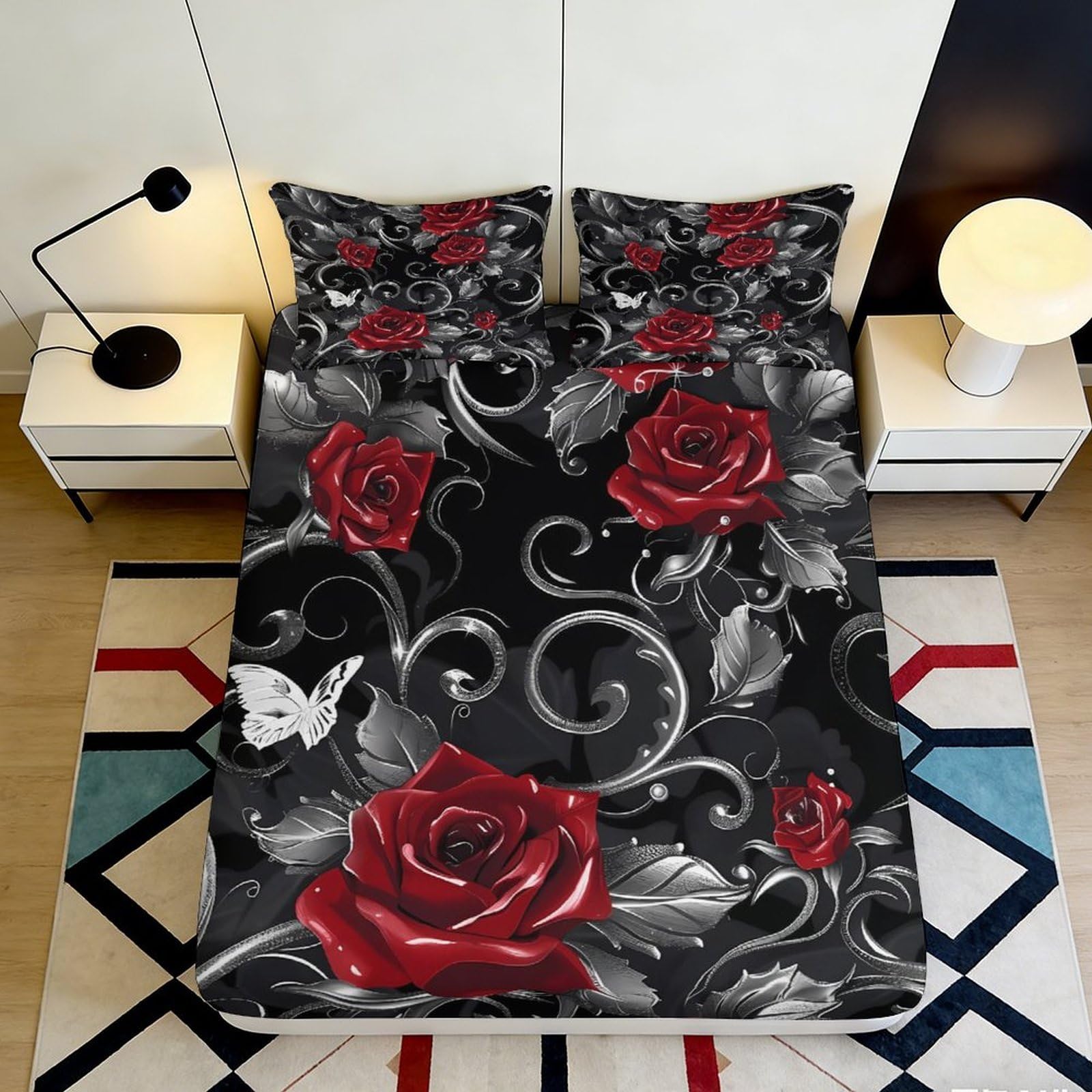 Qjzxknhpgr Style-2 3D Printed Red Rose Fitted Sheet Microfiber Soft Floral Swirl Bed Cover For Bedroom Dorm Mattress Protection Decor 90X200x25cm