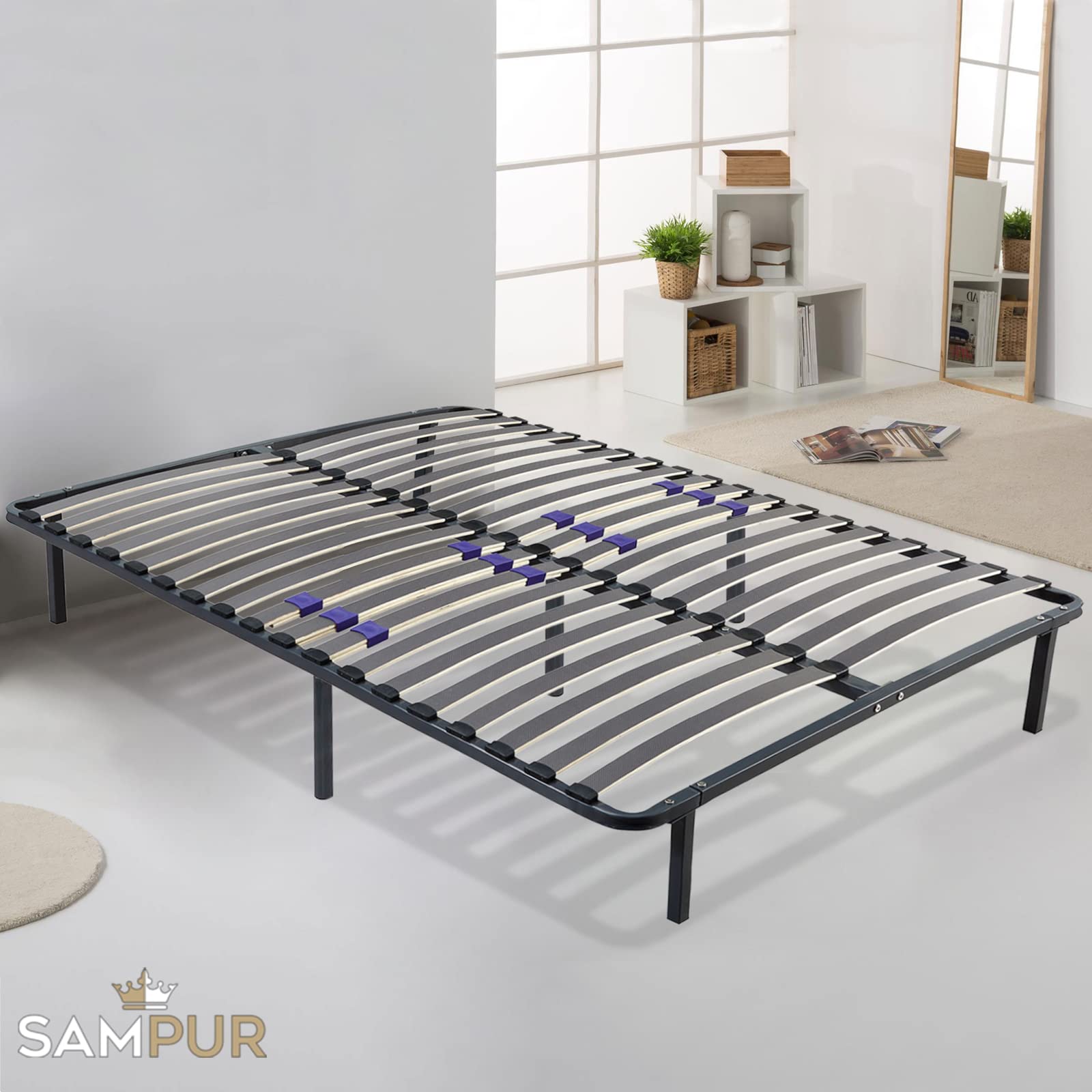 SAMPUR - Sommier Essentiel 180x200 cm | Pieds Inclus | Lattes réglables | Cadre métal laqué époxy | Résistant et Confortable | Montage Rapide et Facile