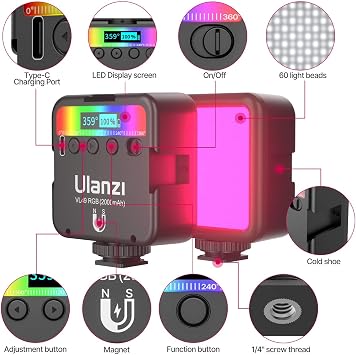ULANZI VL49 RGB Video Lights, LED Camera Light 360 Full Color Portable Photography Lighting w 3 Cold Shoe, 2000mAh Rechargeable CRI 95+ 2500-9000K Dimmable Panel Lamp Support Magnetic Attraction