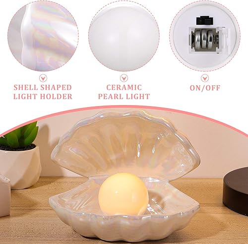 Miniatura 5 de Shell Pearl Lamp Cerámica Night Light Cerámica Escritorio Ornamento Portátil Luz de noche para habitación Dormitorio Sala de estar (blanco)