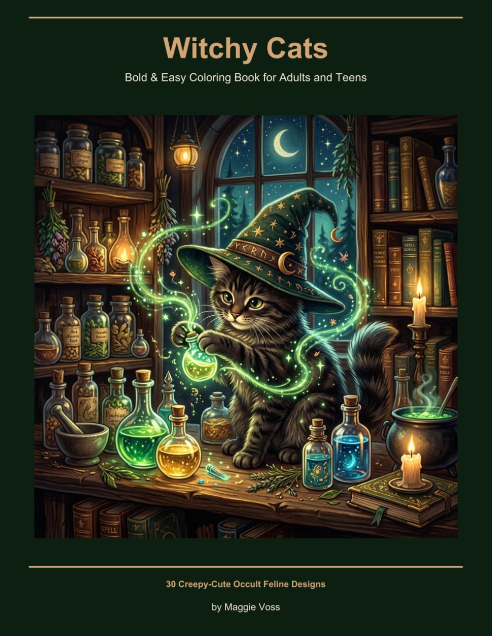 Witchy Cats: Bold & Easy Coloring Book for Adults and Teens | 30 Creepy-Cute Occult Feline Designs | Stress Relief & Relaxation