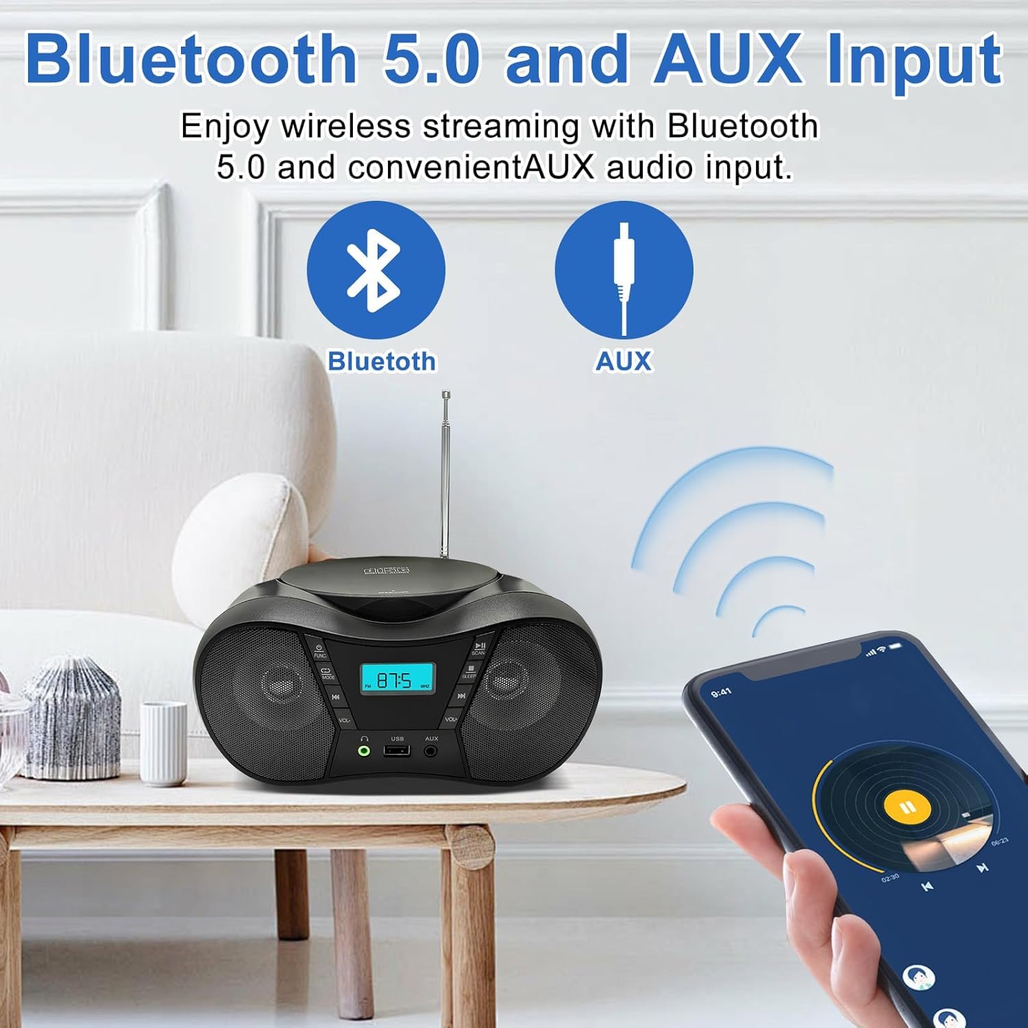 Tragbarer CD-Player Boombox mit FM-Radio, Bluetooth-Lautsprecher, AC/Batteriebetrieben, unterstützt CD/CD-R/RW/USB/BT/AUX, LCD-Display, Kopfhöreranschluss, Geschenke für Eltern (Schwarz)