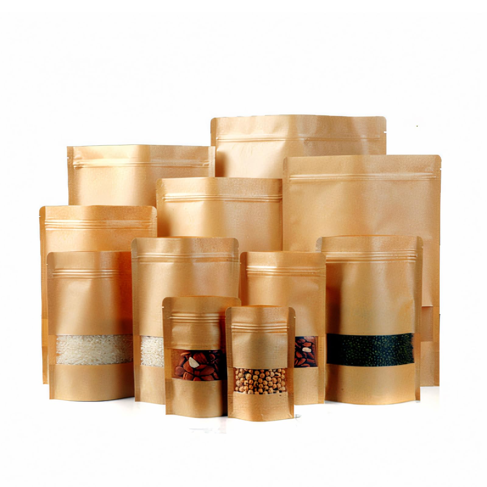 50PCS Kraft Paper Bags with Window, 3.9”*7.9” Stand Up Pouches Bags, with Sealed Strip for Storing Food&Product, Reusable, Sealed, Waterproof, Candy, Bread, Coffee Beans Bags