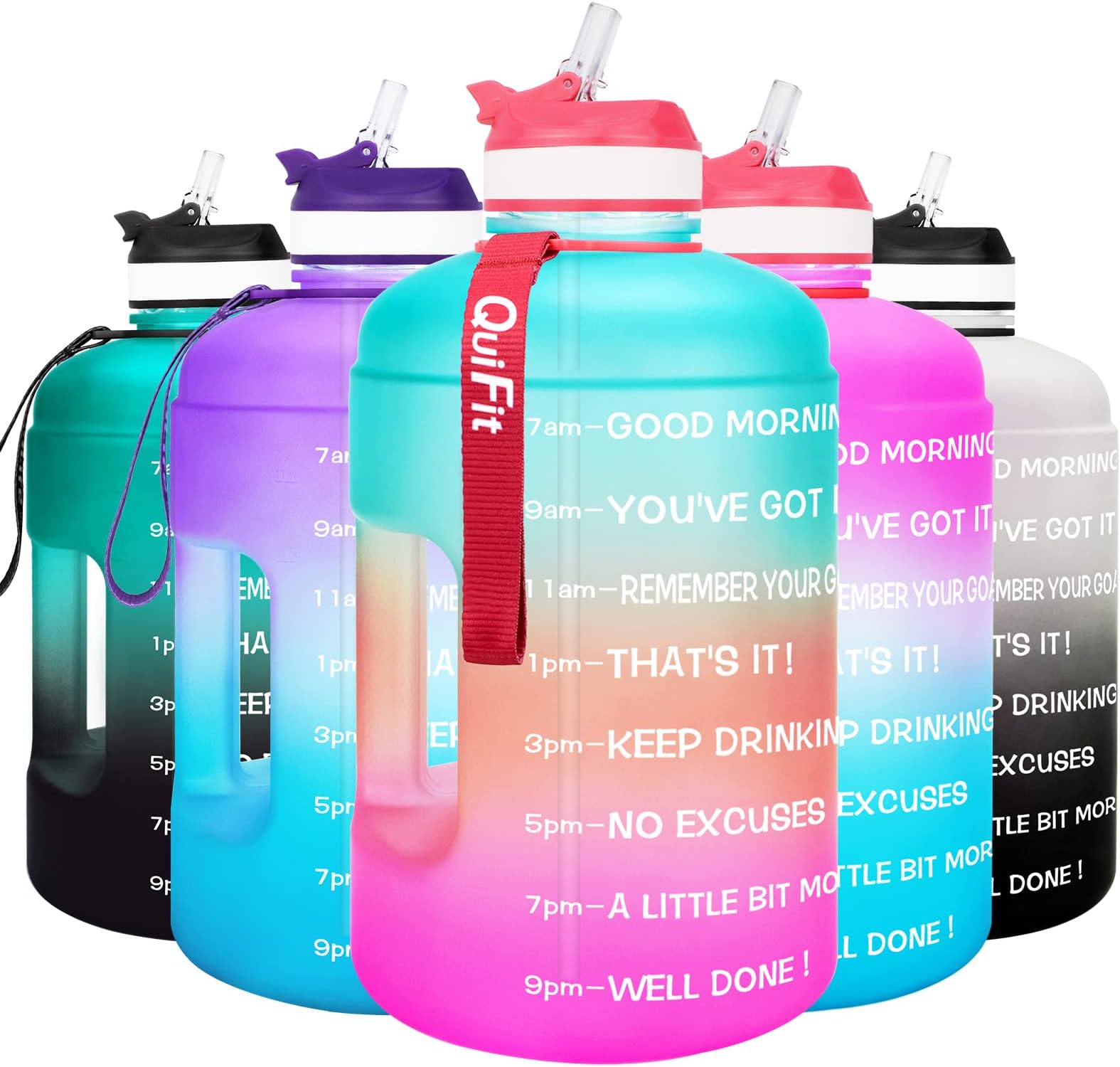 QuiFit Motivational Gallon Water Bottle - with Straw & Time Marker BPA Free Large Reusable Sport Water Jug with Handle for Fitness Outdoor Enthusiasts