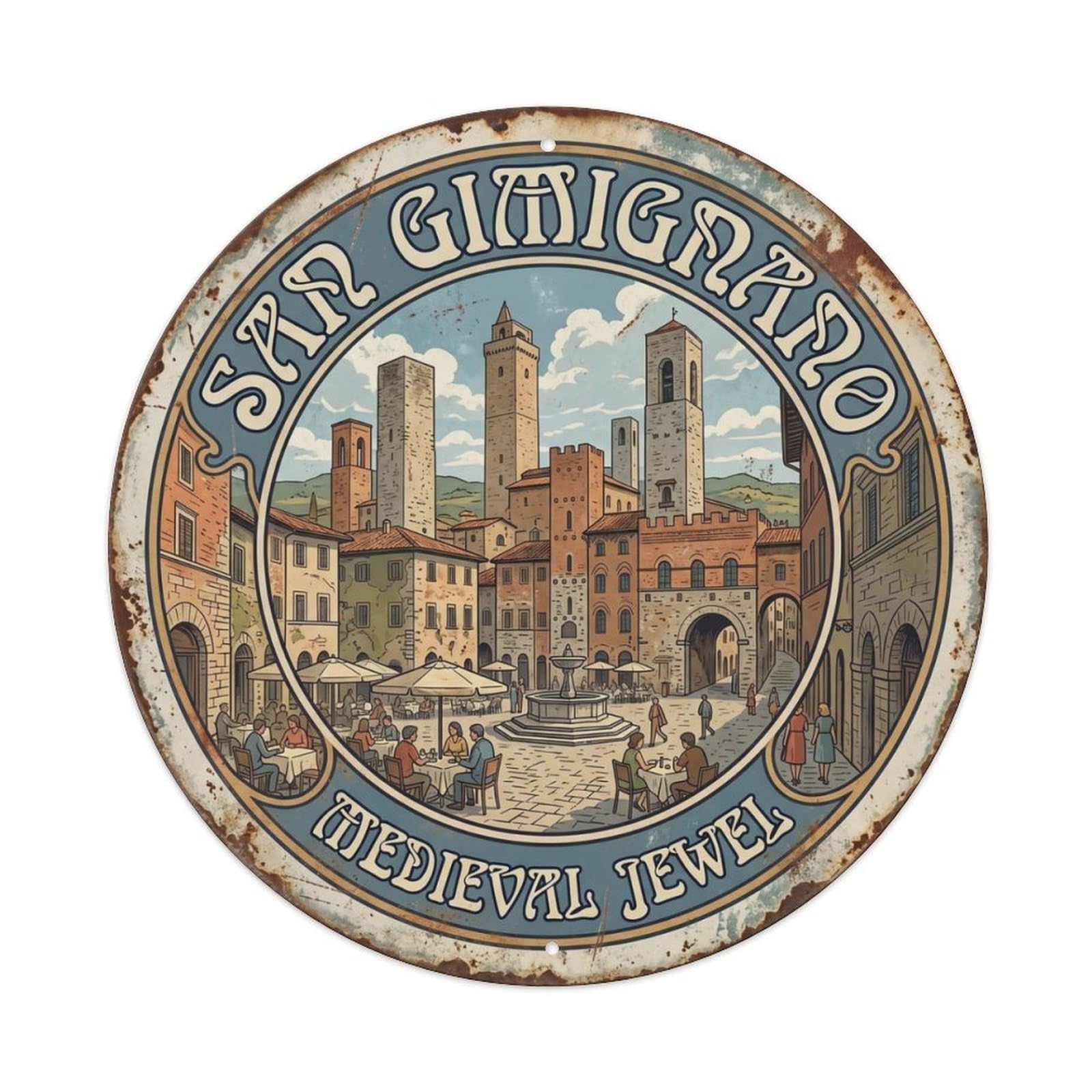 Vintage Travel Gimignano Piazza Medieval Metal Tin Sign Plaque Wall Decor for Cafe, Club, Garden Round Metal Poster 8x8Inch