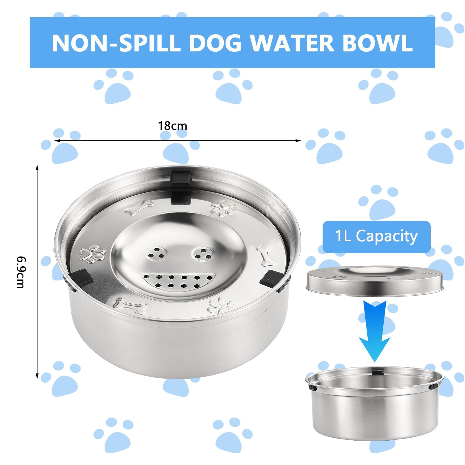 Juego De Bebedero Perro Acero Inoxidable 1L,TazóN De Agua Flotante Antideslizante,Comedero para Perros con Soporte Flotante,DiseñO Desmontable, Adecuado para Todos Los Perros Y Gatos