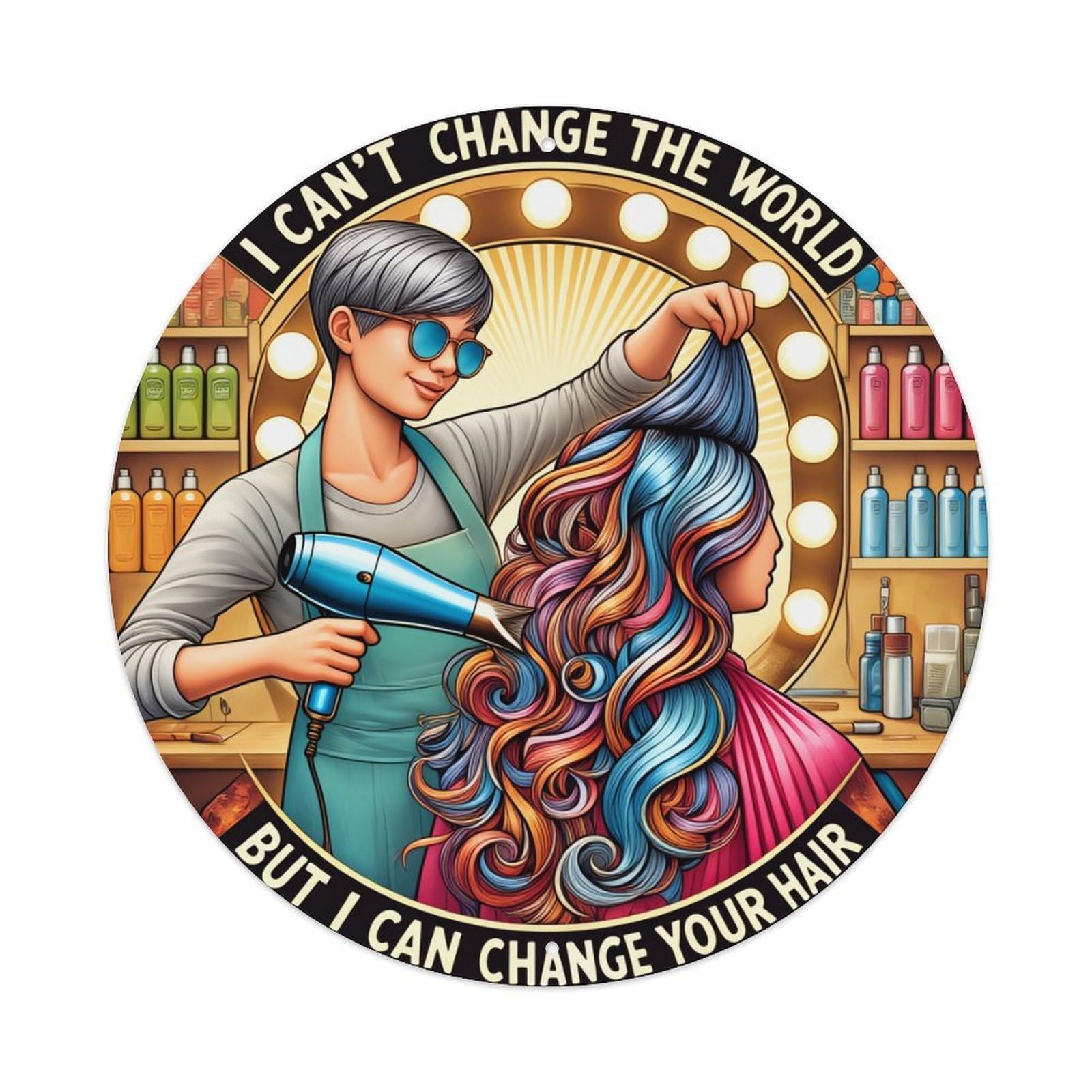Hair Stylist With Colorful Hair Round Tin Sign Vintage Metal Poster, Home Bar Garage Man Cave Cafe Indoor & Outdoor Wall Decoration 8x8Inches