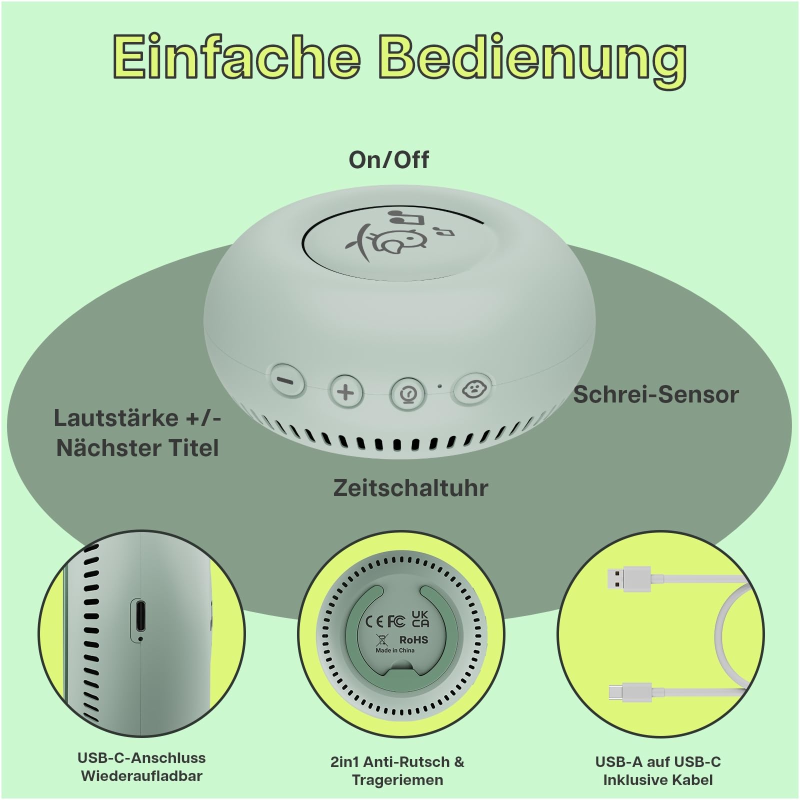 White Noise Machine Baby von MMOBIEL – mit 20 beruhigenden Klängen, Schrei-Sensor, Timer & USB-C – Tragbare Einschlafhilfe mit Weißem, Pinkem & Braunem Rauschen, Naturgeräuschen & Schlafliedern –Grün